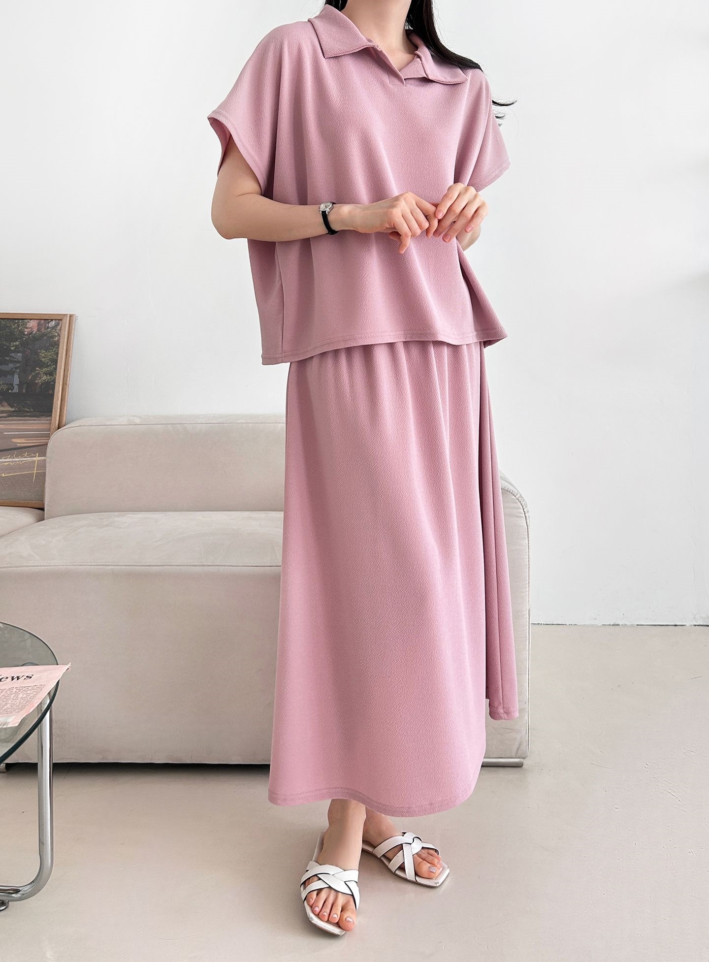 カラーウエストゴムロングルーズ半袖セットアップスカートTシャツ | 詳細画像5