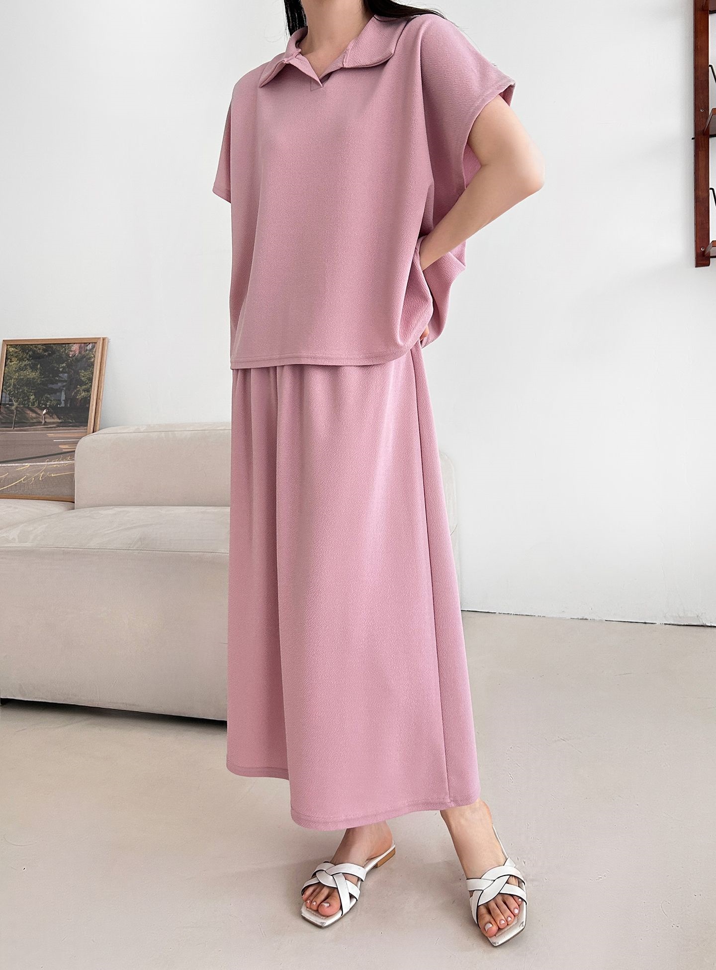 カラーウエストゴムロングルーズ半袖セットアップスカートTシャツ | 詳細画像6