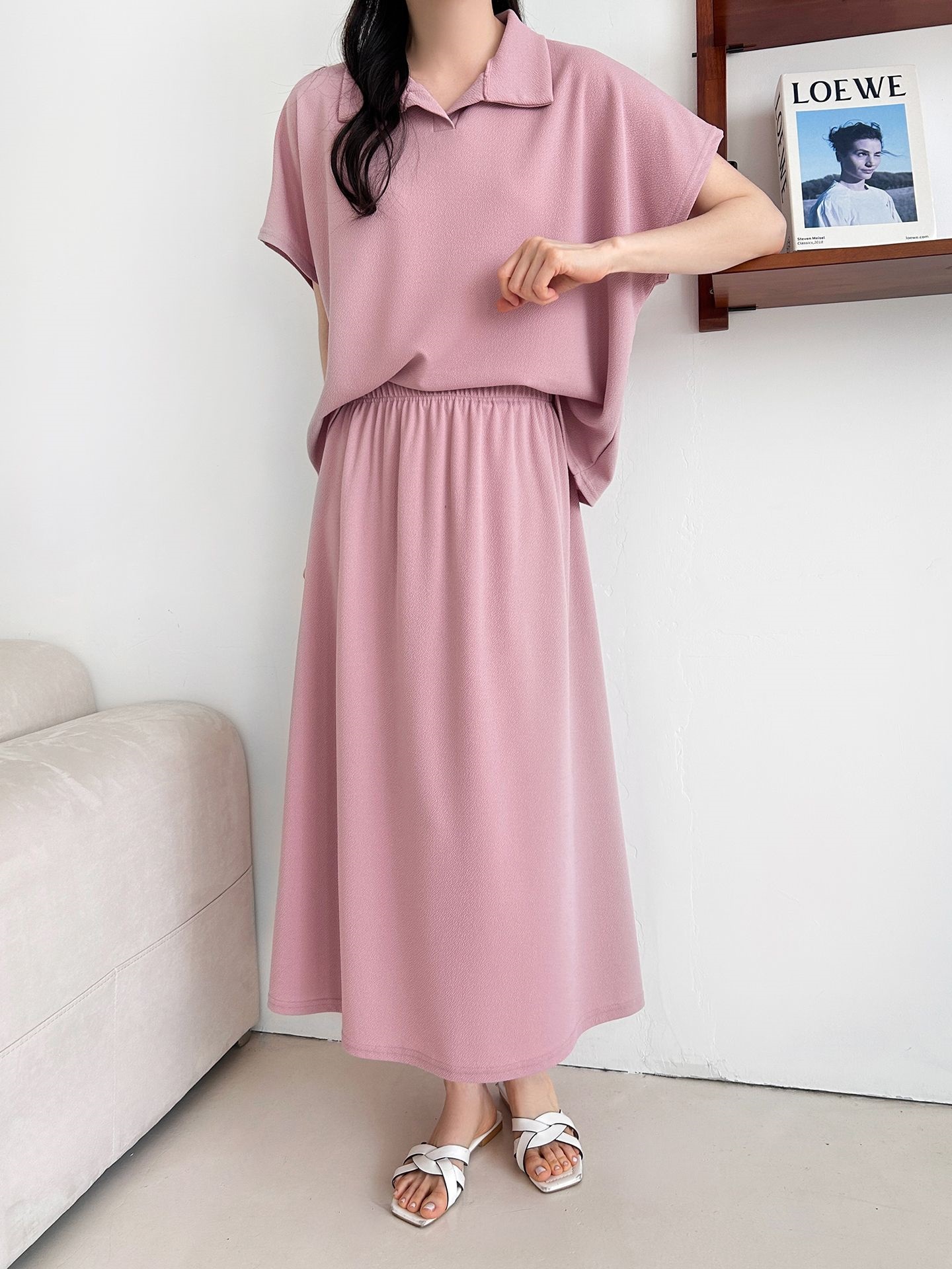 カラーウエストゴムロングルーズ半袖セットアップスカートTシャツ | 詳細画像8