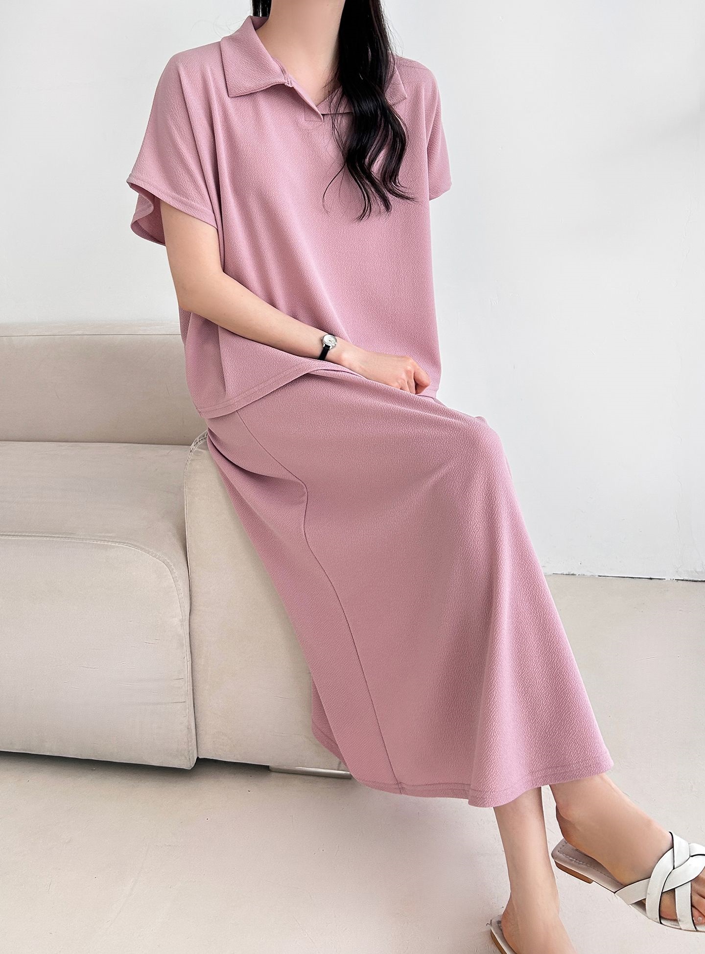 カラーウエストゴムロングルーズ半袖セットアップスカートTシャツ | 詳細画像15