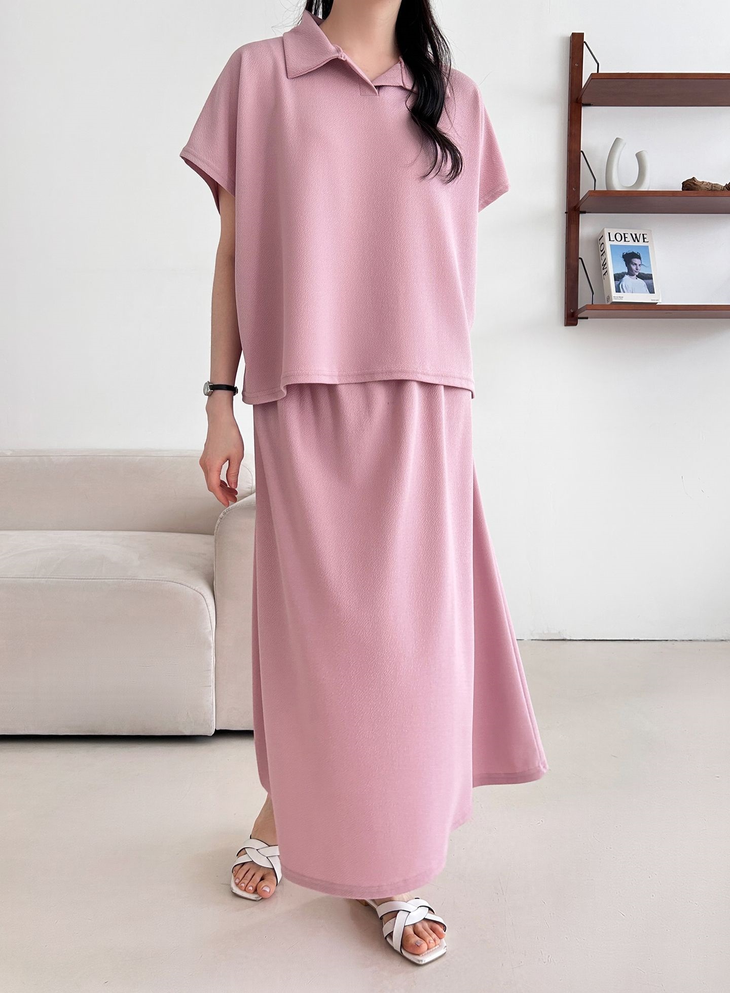 カラーウエストゴムロングルーズ半袖セットアップスカートTシャツ | 詳細画像9