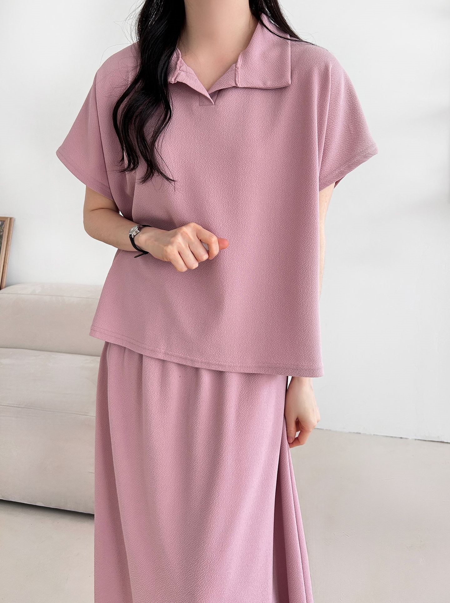 カラーウエストゴムロングルーズ半袖セットアップスカートTシャツ | 詳細画像12