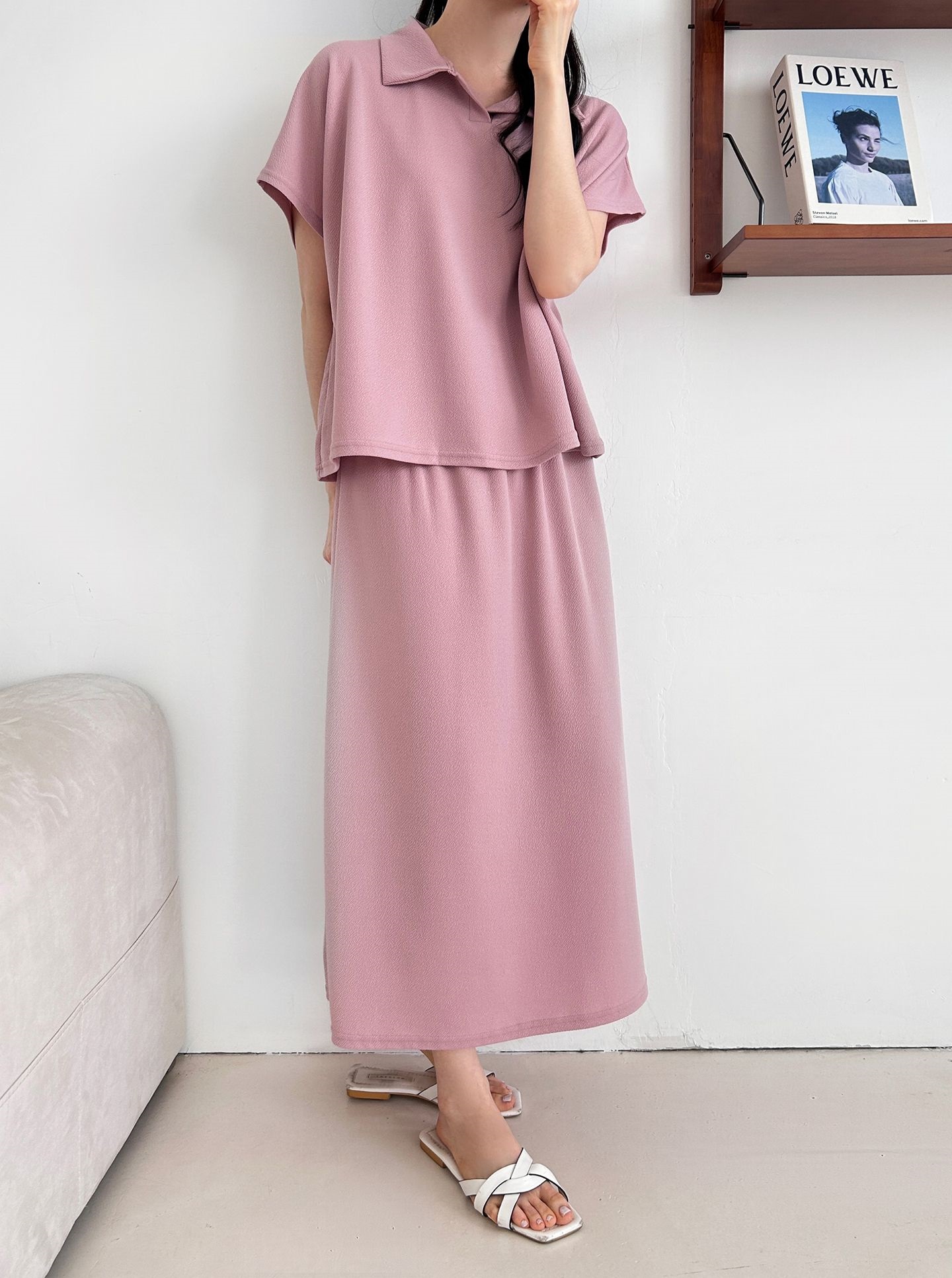 カラーウエストゴムロングルーズ半袖セットアップスカートTシャツ | 詳細画像13