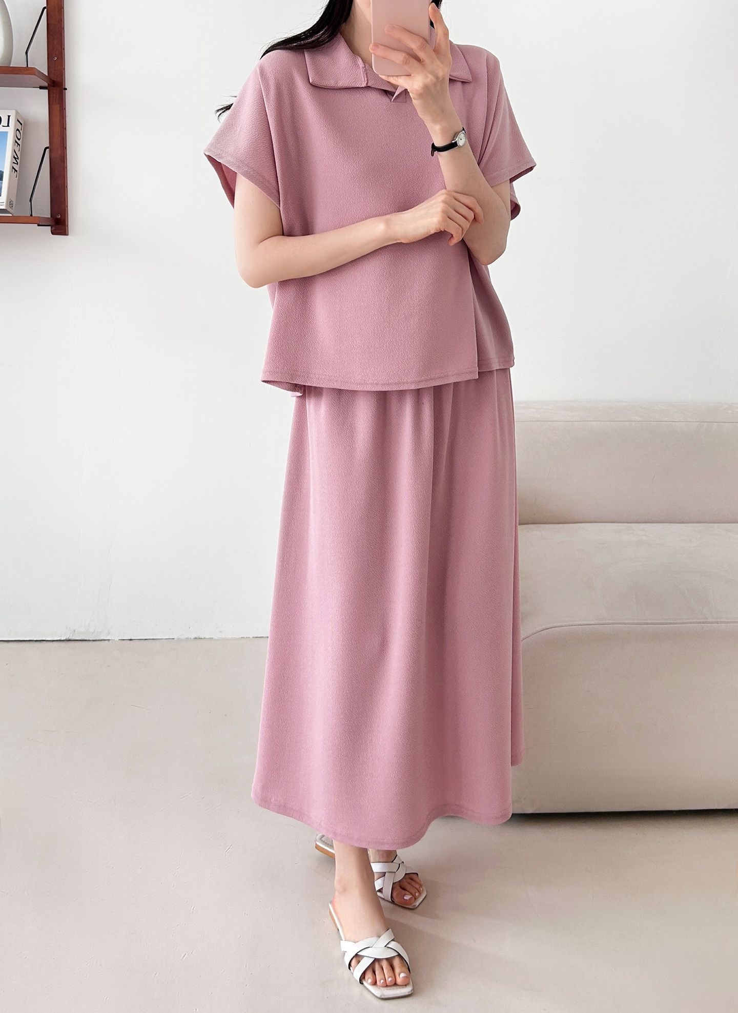 カラーウエストゴムロングルーズ半袖セットアップスカートTシャツ | 詳細画像14