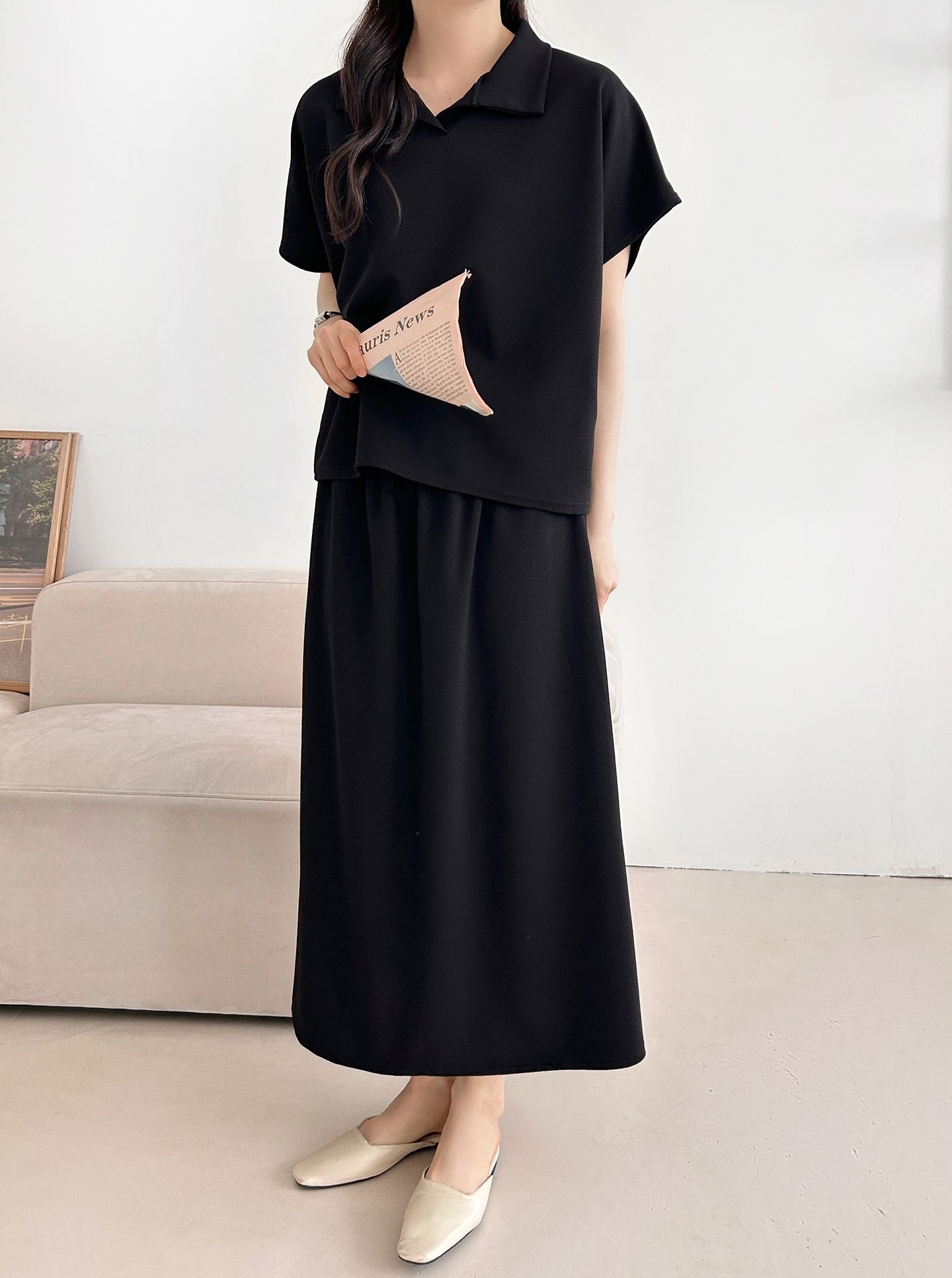 カラーウエストゴムロングルーズ半袖セットアップスカートTシャツ | 詳細画像16