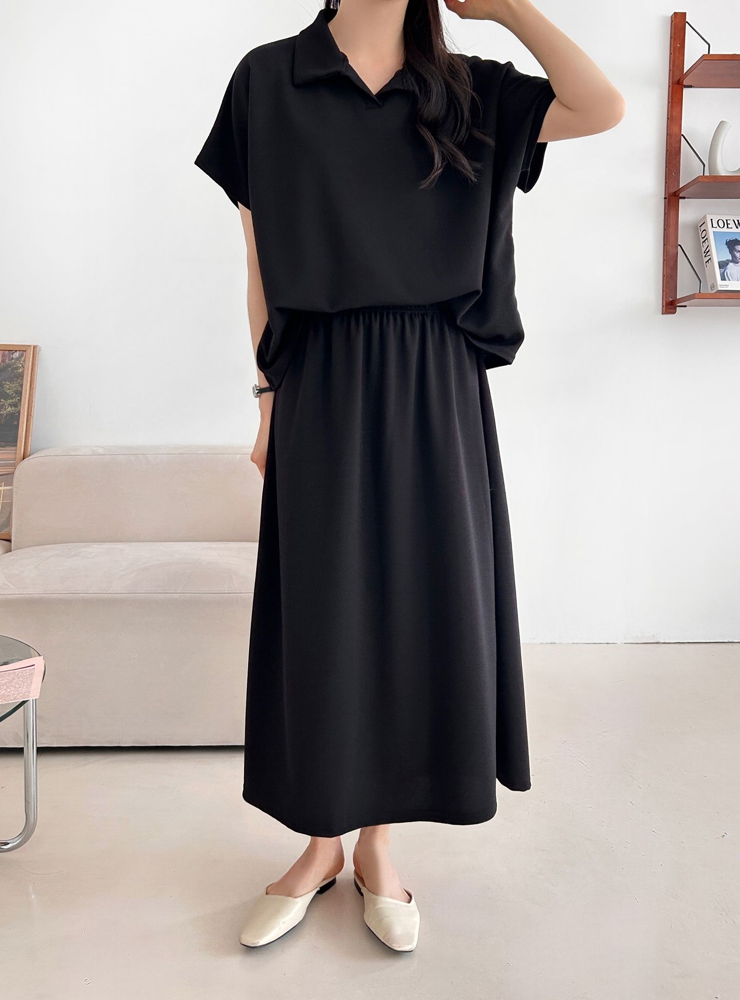 カラーウエストゴムロングルーズ半袖セットアップスカートTシャツ | 詳細画像21