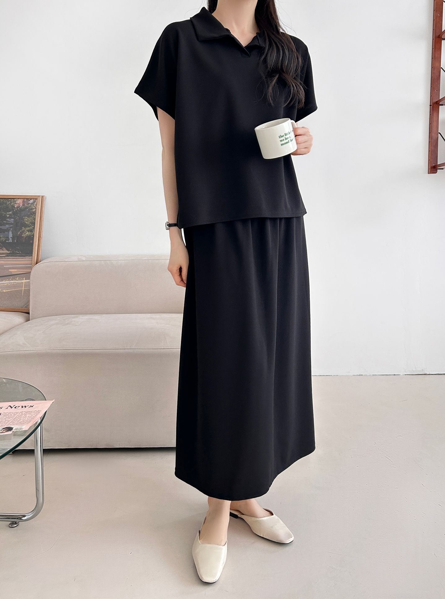 カラーウエストゴムロングルーズ半袖セットアップスカートTシャツ | 詳細画像23