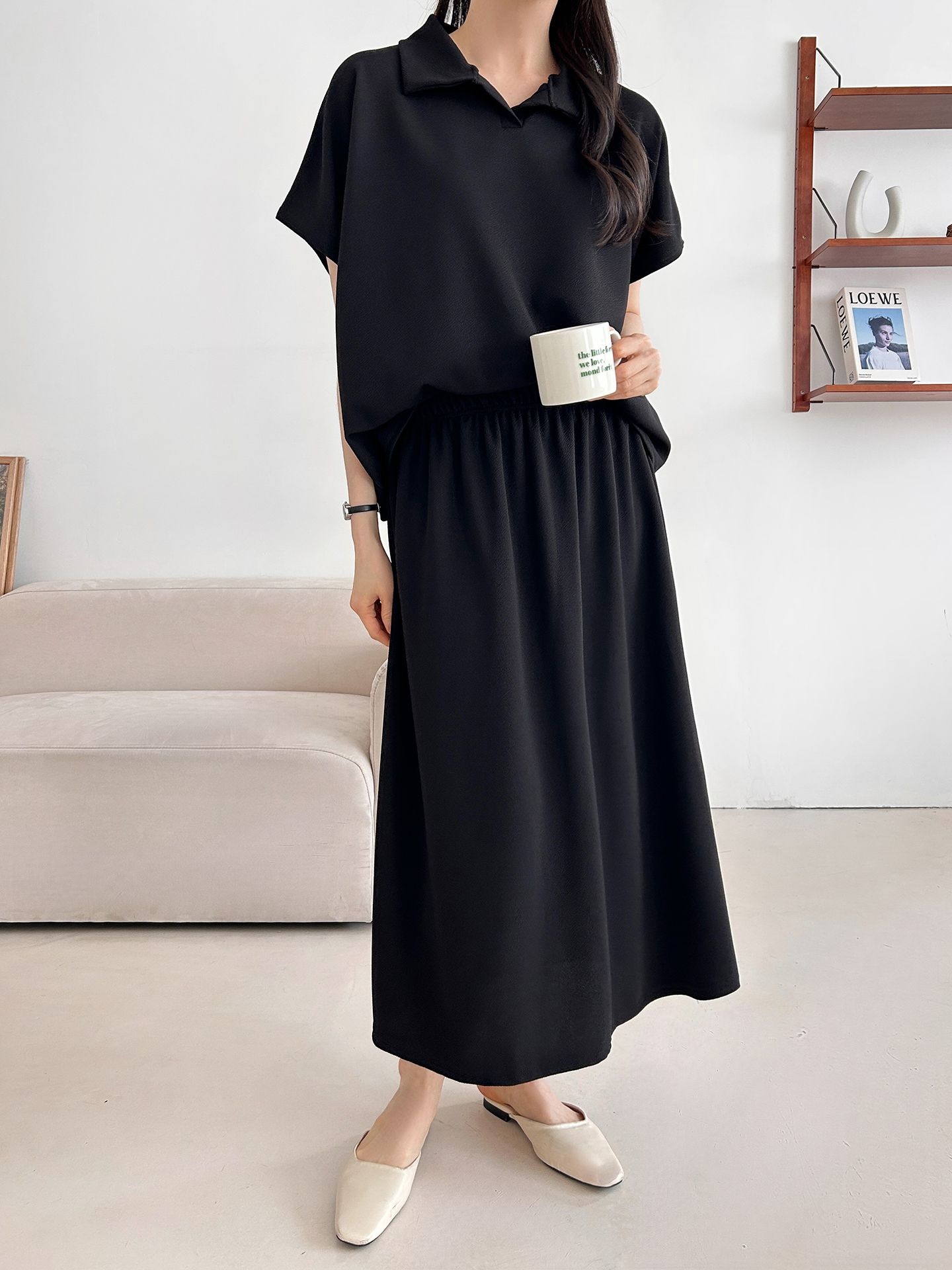 カラーウエストゴムロングルーズ半袖セットアップスカートTシャツ | 詳細画像24