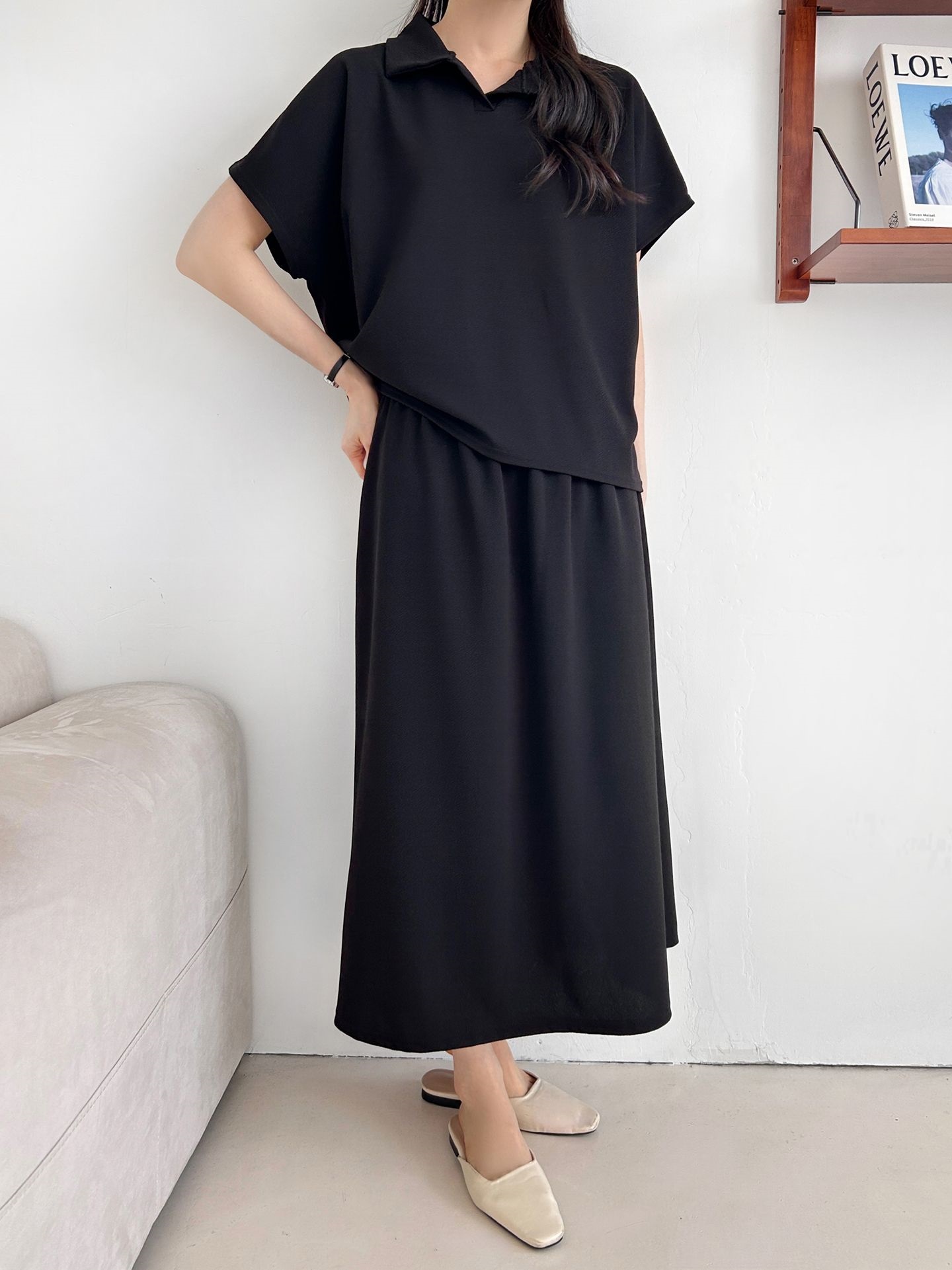 カラーウエストゴムロングルーズ半袖セットアップスカートTシャツ | 詳細画像20