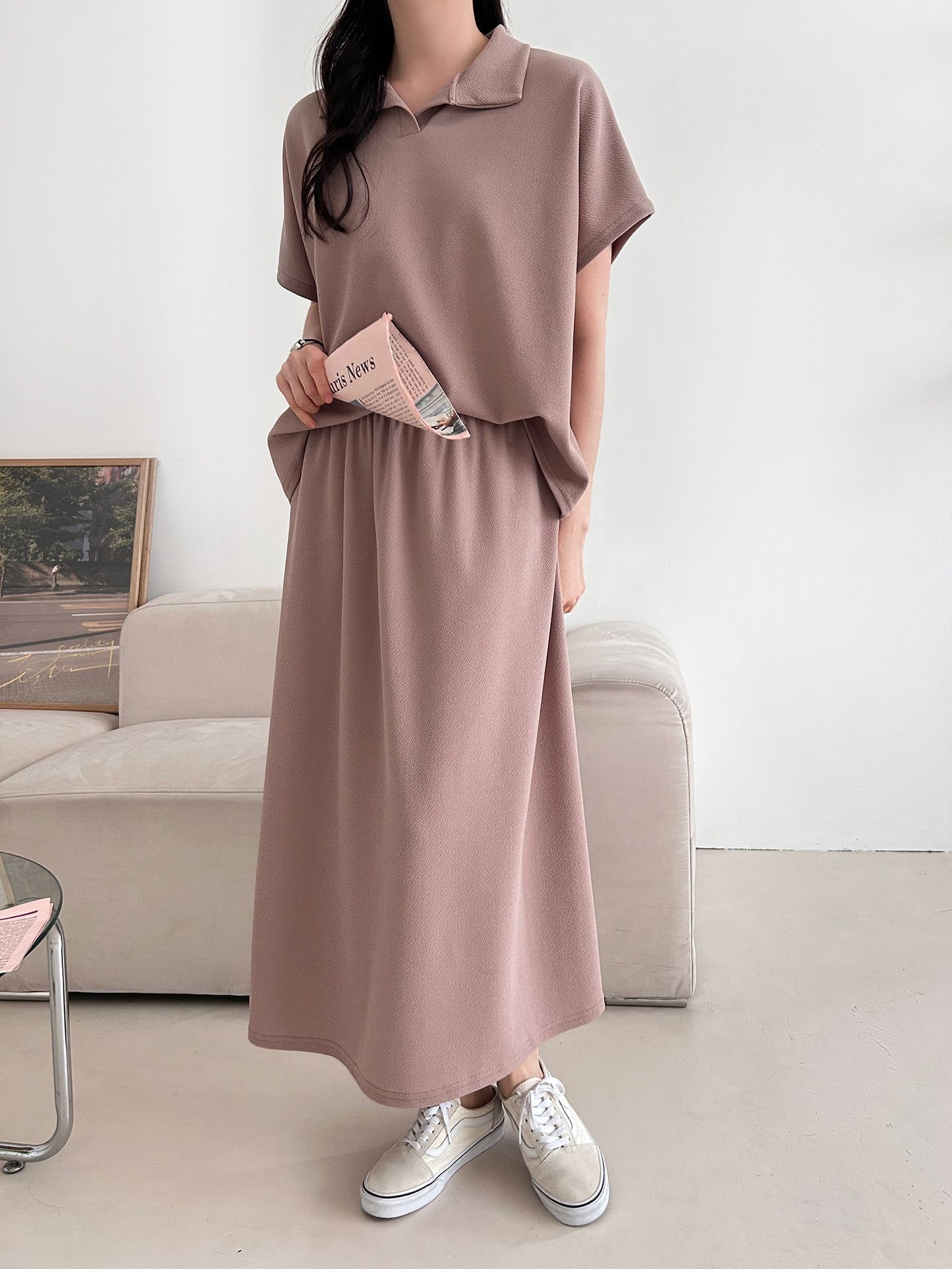 カラーウエストゴムロングルーズ半袖セットアップスカートTシャツ | 詳細画像29