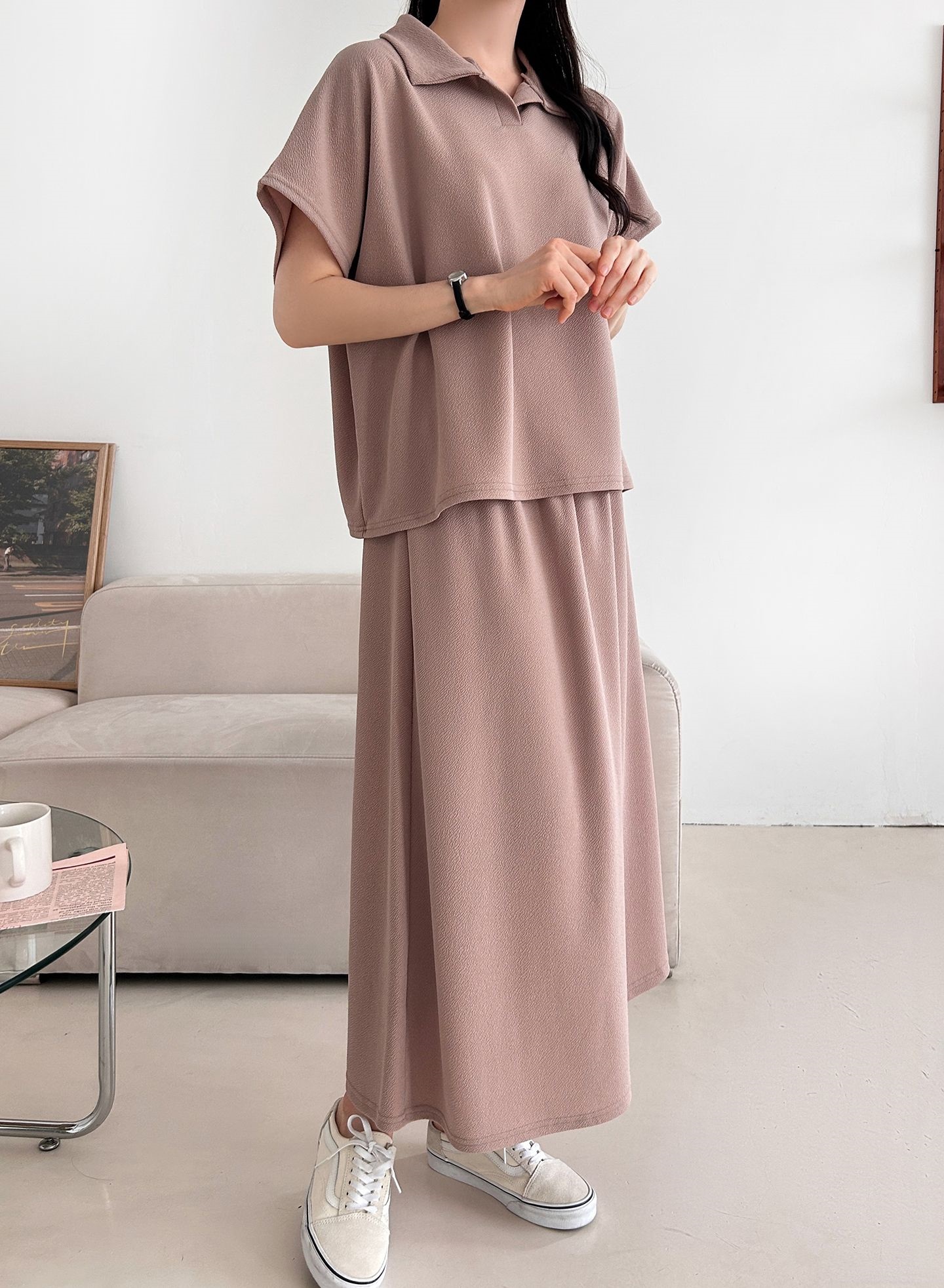 カラーウエストゴムロングルーズ半袖セットアップスカートTシャツ | 詳細画像32