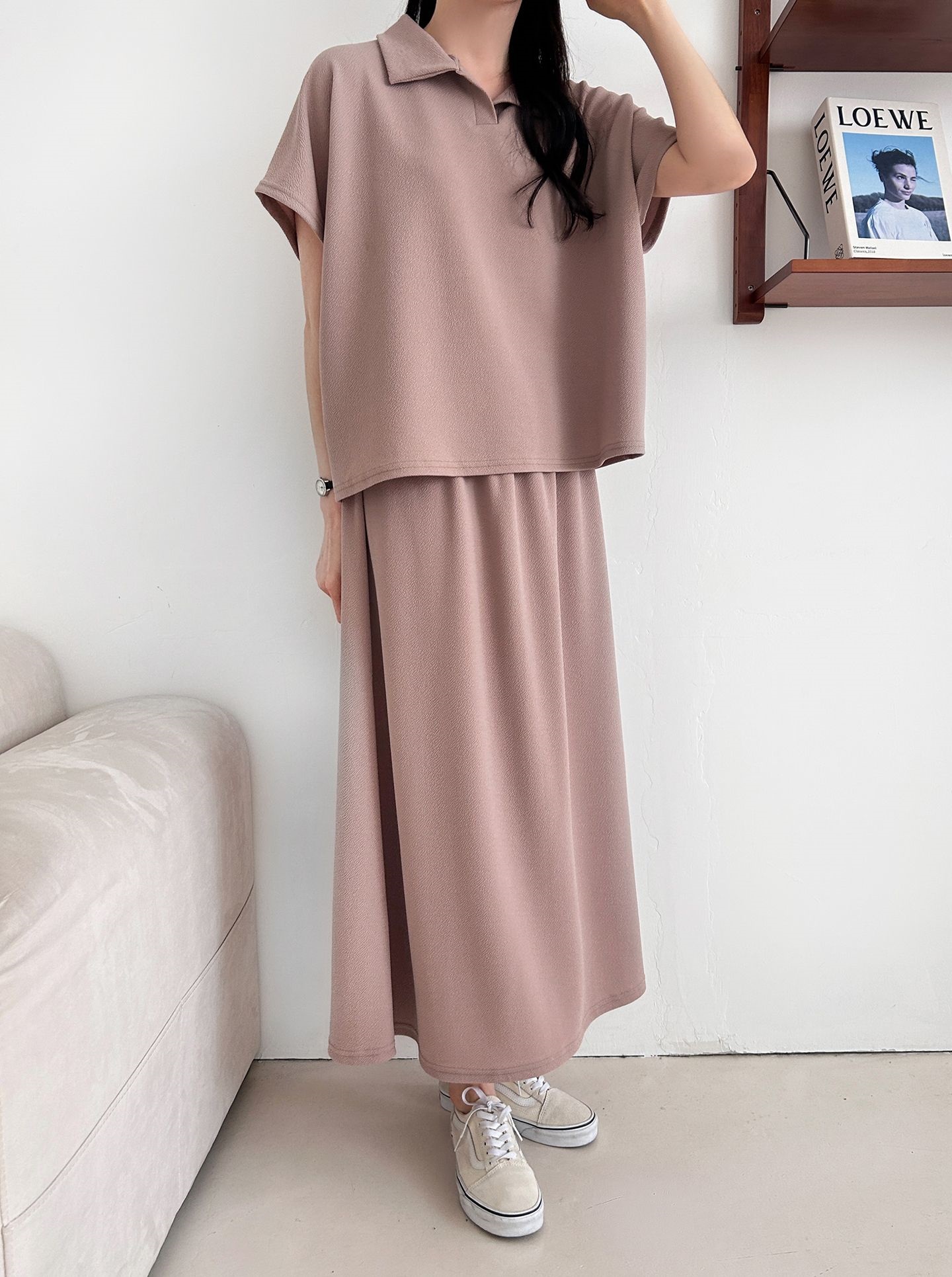 カラーウエストゴムロングルーズ半袖セットアップスカートTシャツ | 詳細画像33