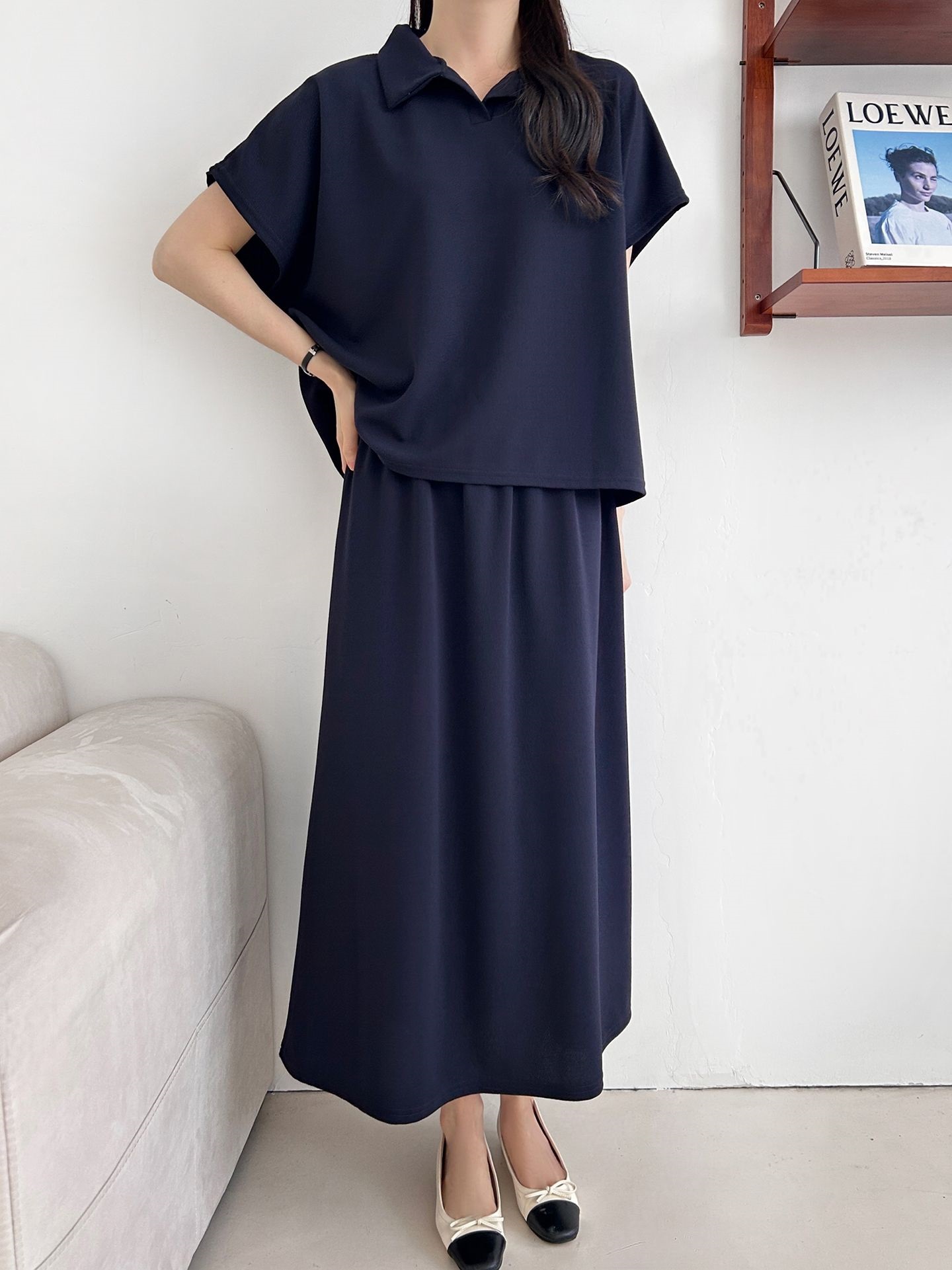 カラーウエストゴムロングルーズ半袖セットアップスカートTシャツ | 詳細画像36