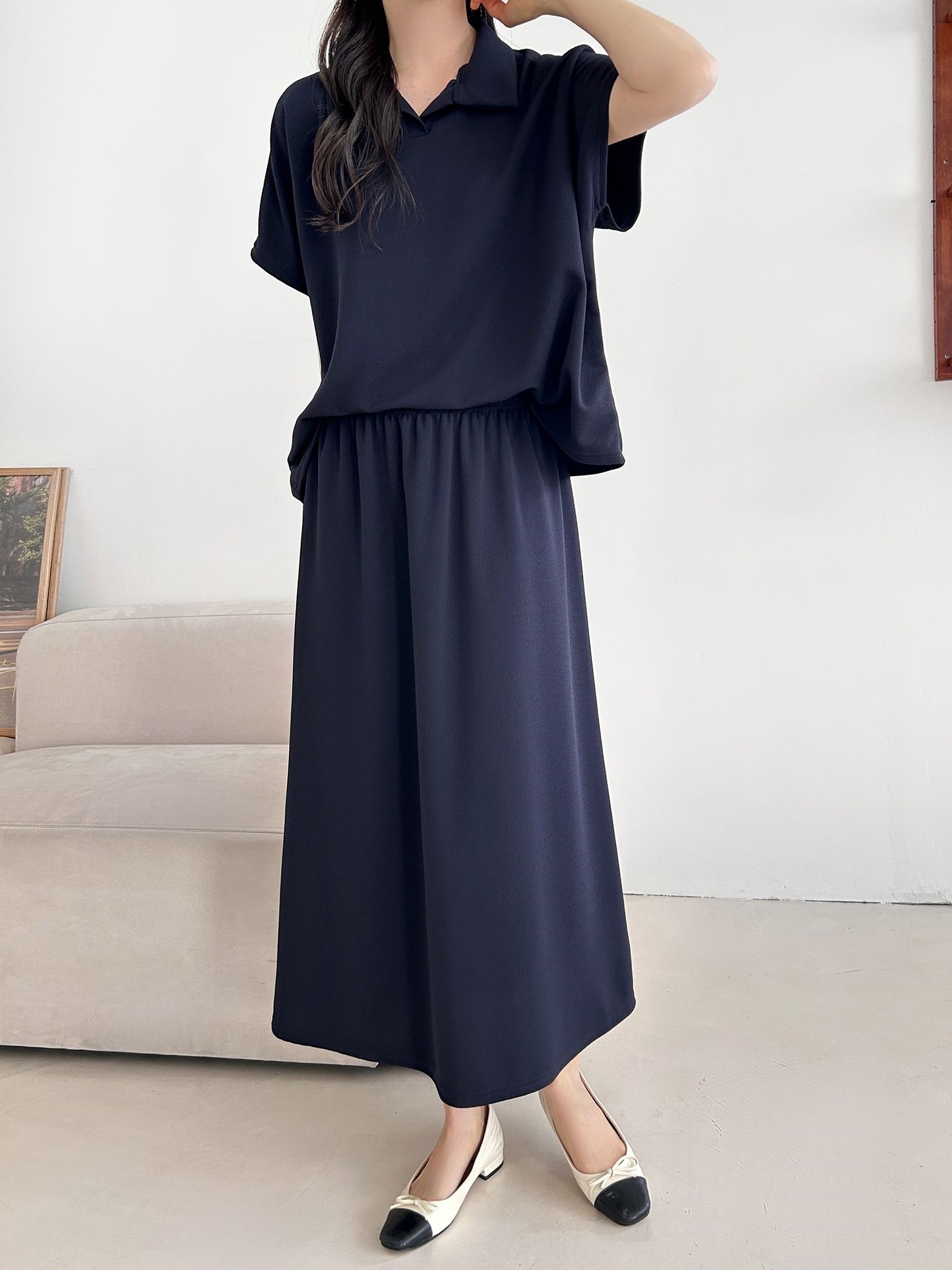 カラーウエストゴムロングルーズ半袖セットアップスカートTシャツ | 詳細画像39