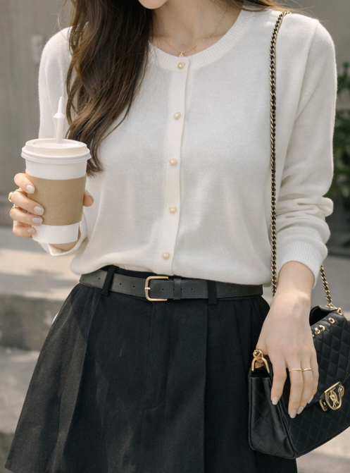 ニットボタンラウンドネックベーシック長袖カーディガン | 詳細画像3