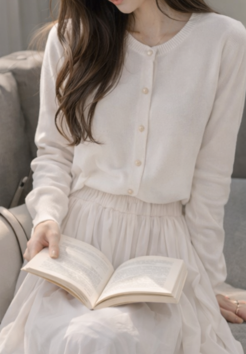 ニットボタンラウンドネックベーシック長袖カーディガン | 詳細画像4