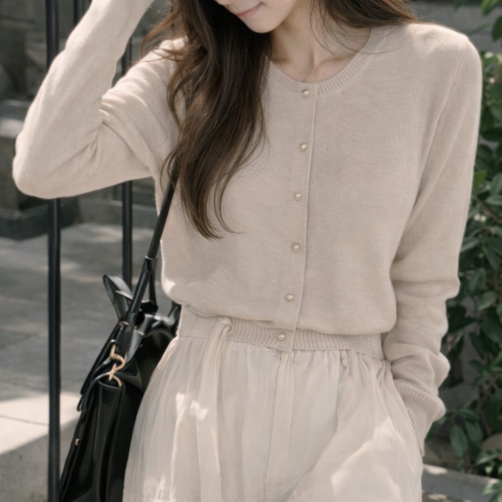 ニットボタンラウンドネックベーシック長袖カーディガン | 詳細画像5