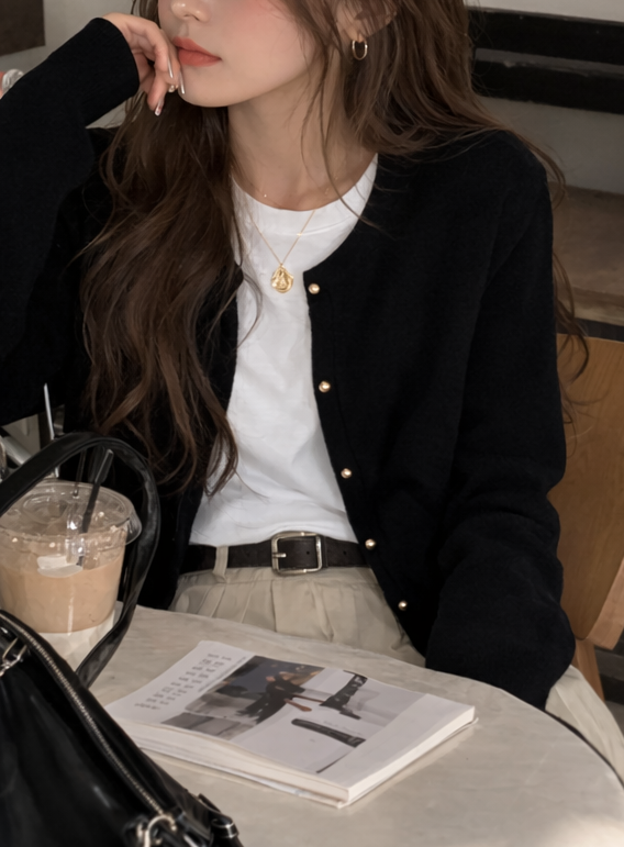 ニットボタンラウンドネックベーシック長袖カーディガン | 詳細画像8