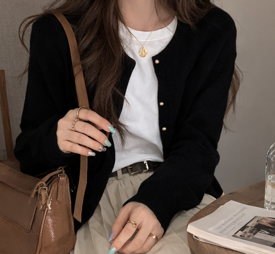 ニットボタンラウンドネックベーシック長袖カーディガン | 詳細画像10