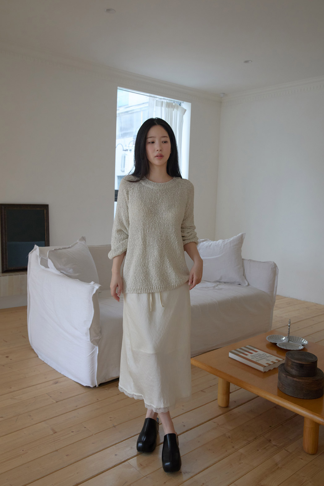 ベルベットリネン混アクリルラウンドネックルーズ無地ニット春夏秋 | 詳細画像3