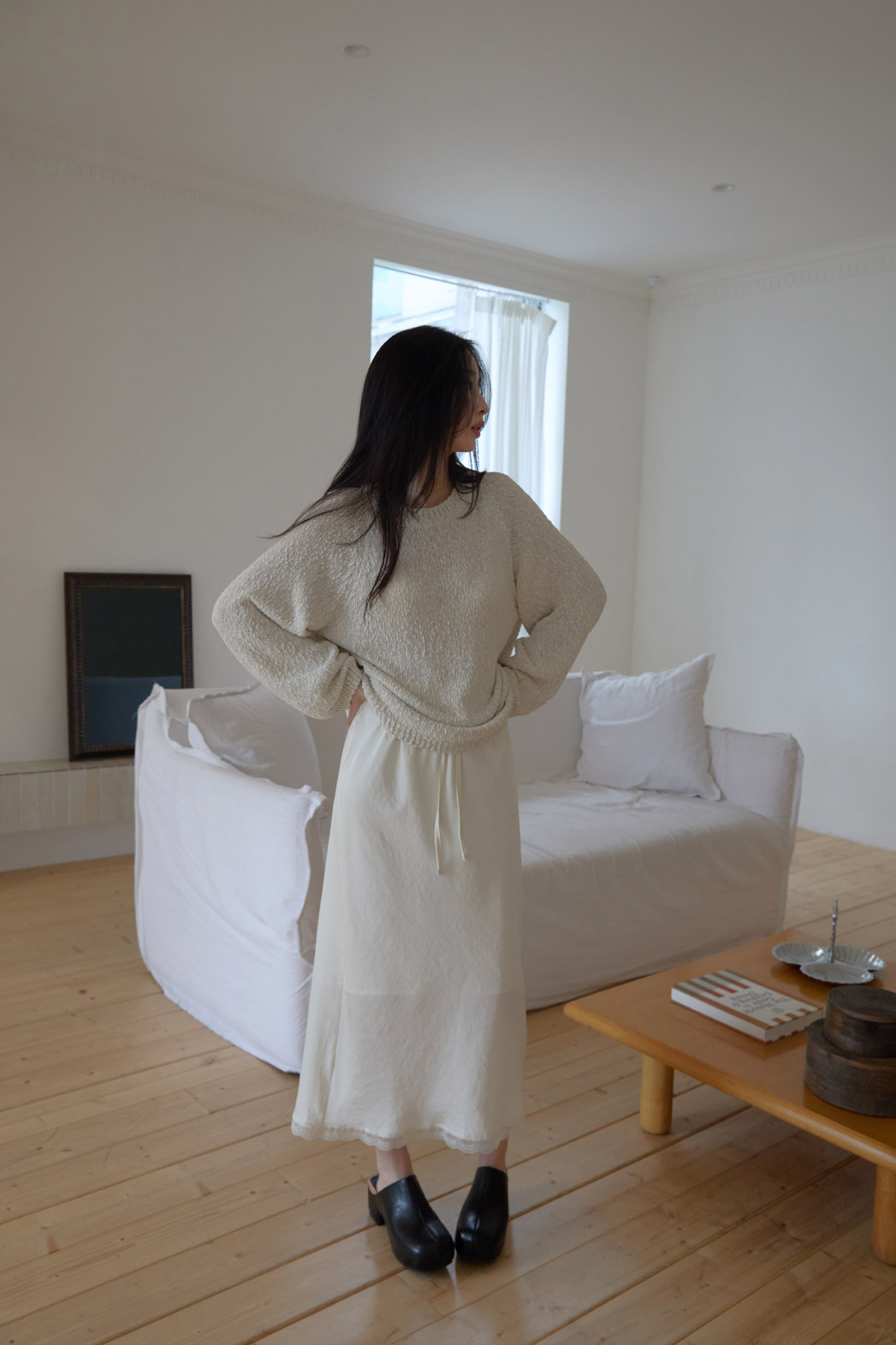 ベルベットリネン混アクリルラウンドネックルーズ無地ニット春夏秋 | 詳細画像4