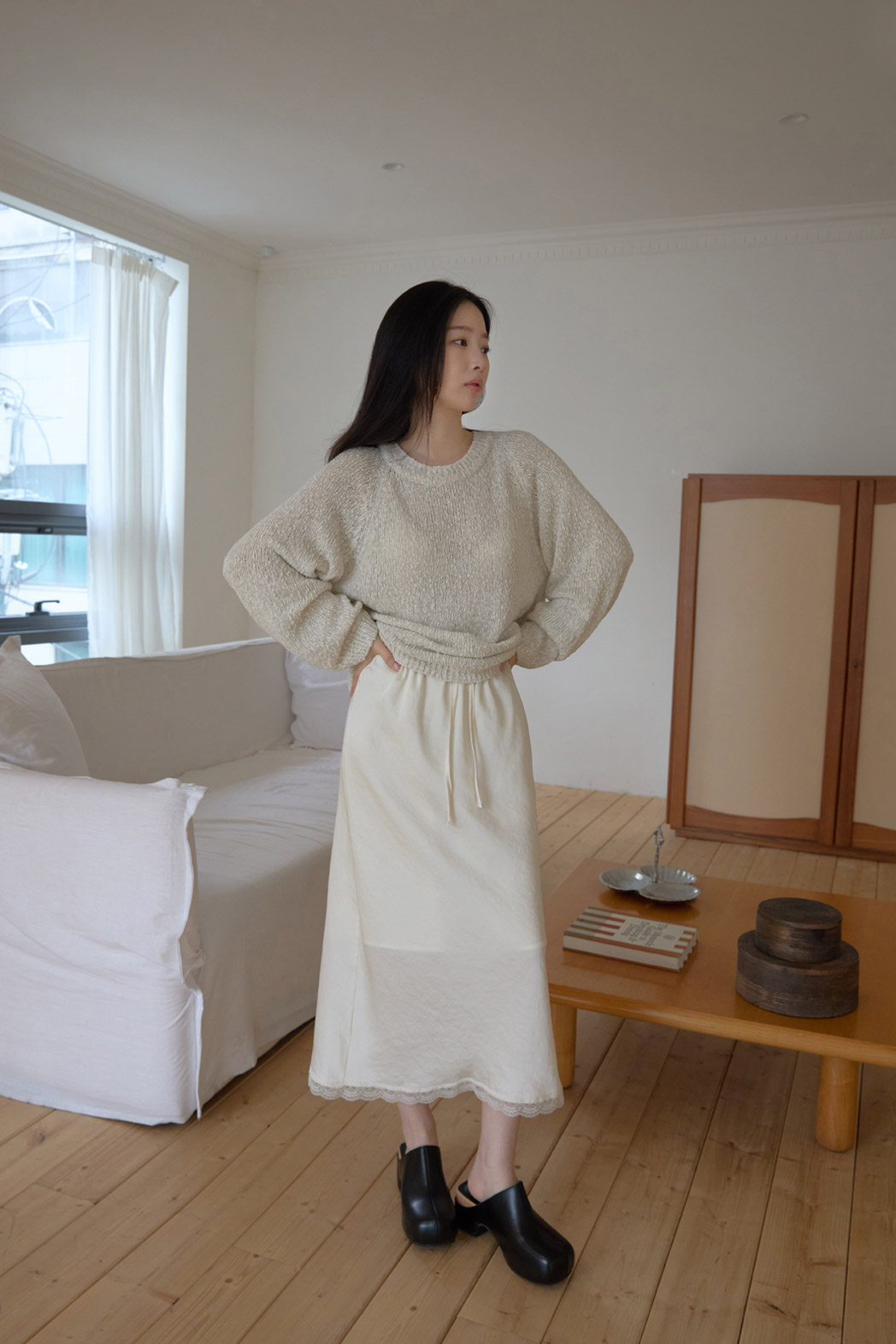 ベルベットリネン混アクリルラウンドネックルーズ無地ニット春夏秋 | 詳細画像5