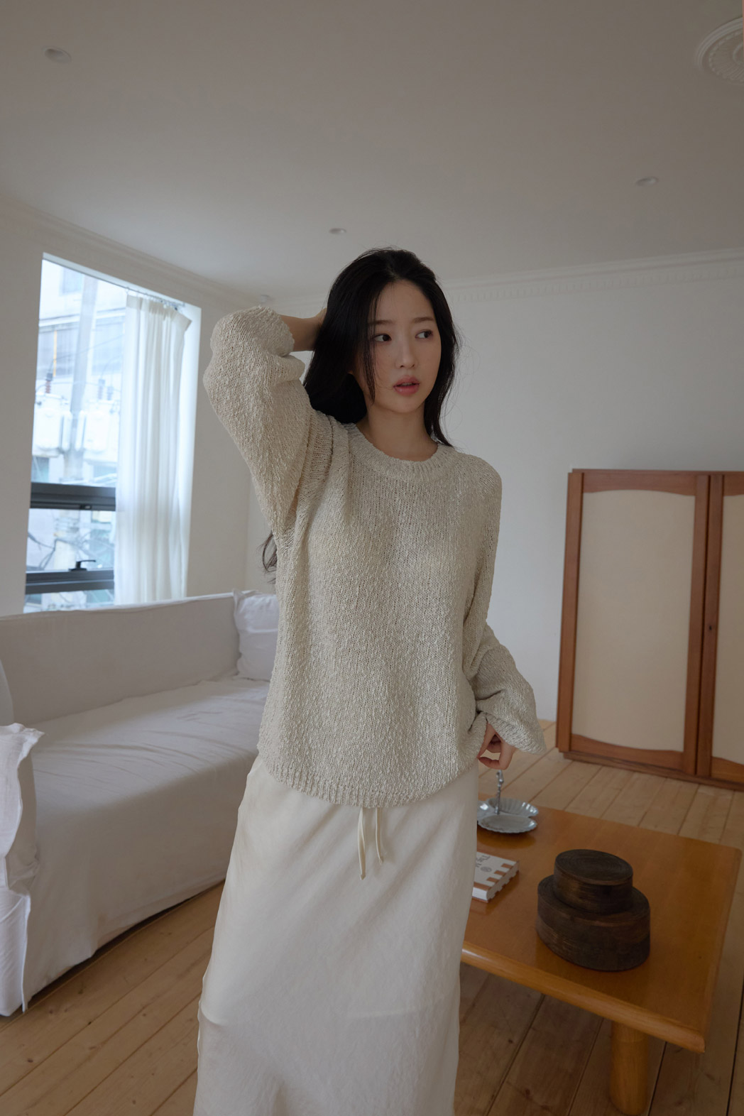 ベルベットリネン混アクリルラウンドネックルーズ無地ニット春夏秋 | 詳細画像8