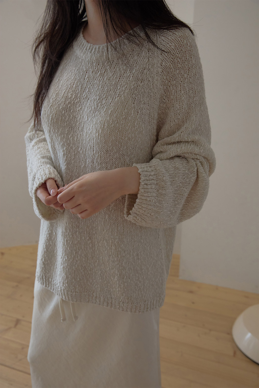 ベルベットリネン混アクリルラウンドネックルーズ無地ニット春夏秋 | 詳細画像12