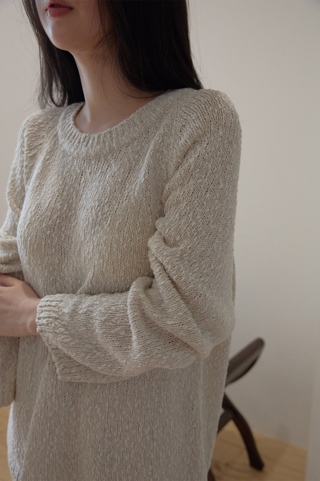 ベルベットリネン混アクリルラウンドネックルーズ無地ニット春夏秋 | 詳細画像13