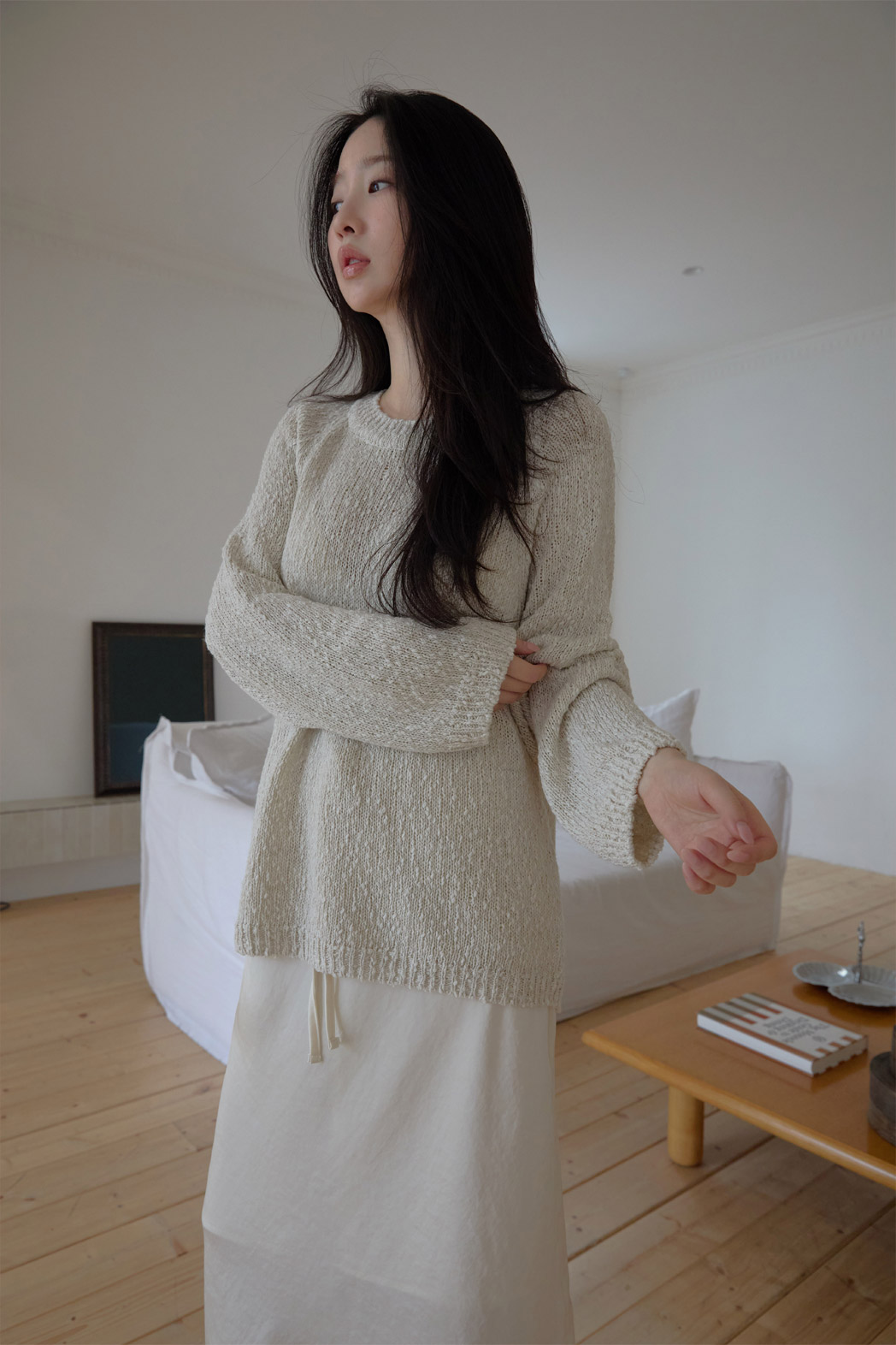 ベルベットリネン混アクリルラウンドネックルーズ無地ニット春夏秋 | 詳細画像9