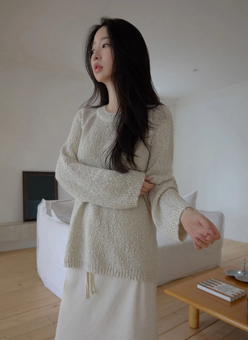 ベルベットリネン混アクリルラウンドネックルーズ無地ニット春夏秋 | 詳細画像1