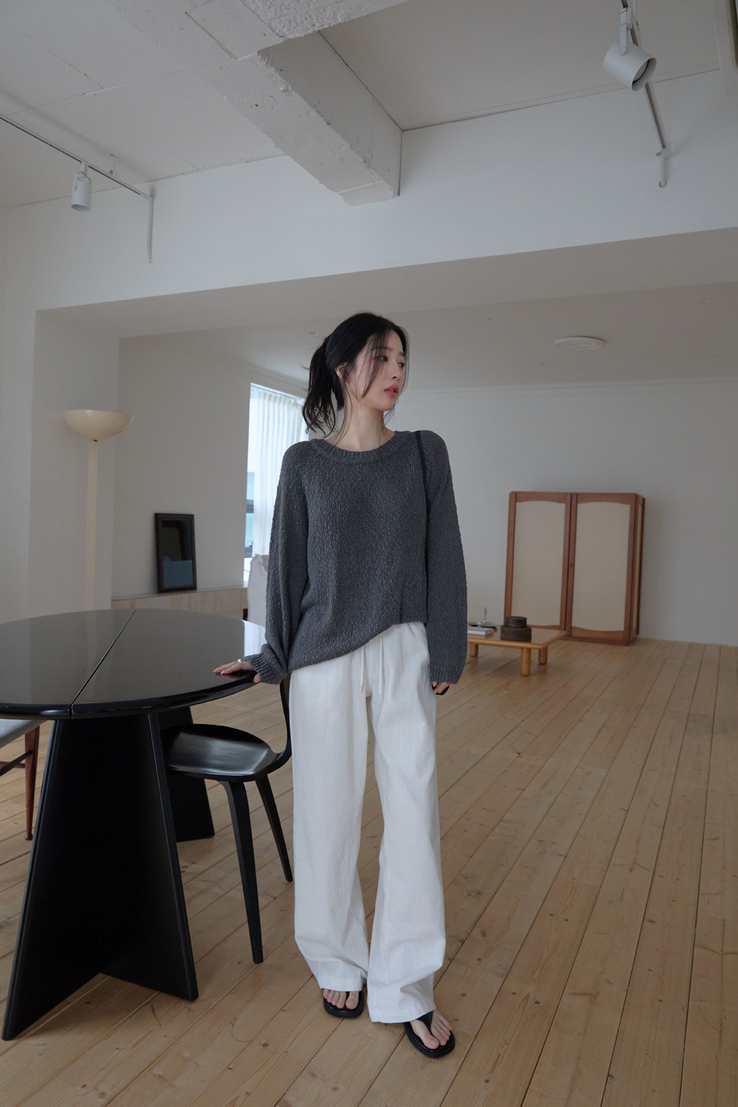 ベルベットリネン混アクリルラウンドネックルーズ無地ニット春夏秋 | 詳細画像15