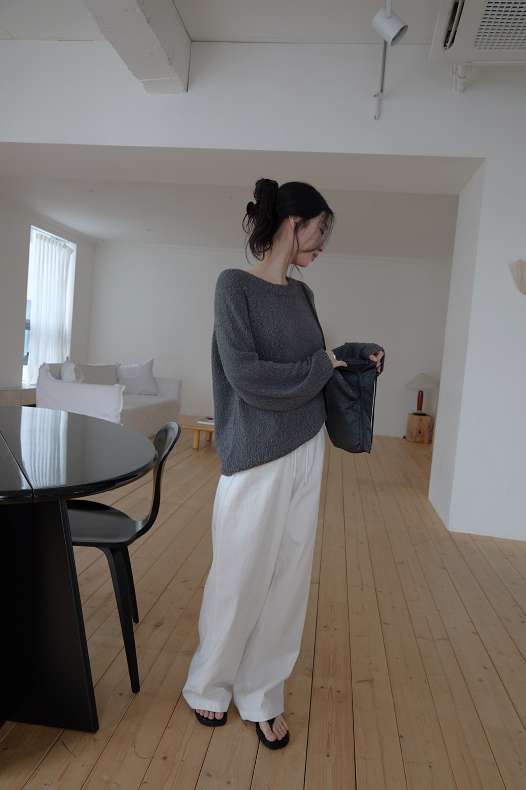 ベルベットリネン混アクリルラウンドネックルーズ無地ニット春夏秋 | 詳細画像16