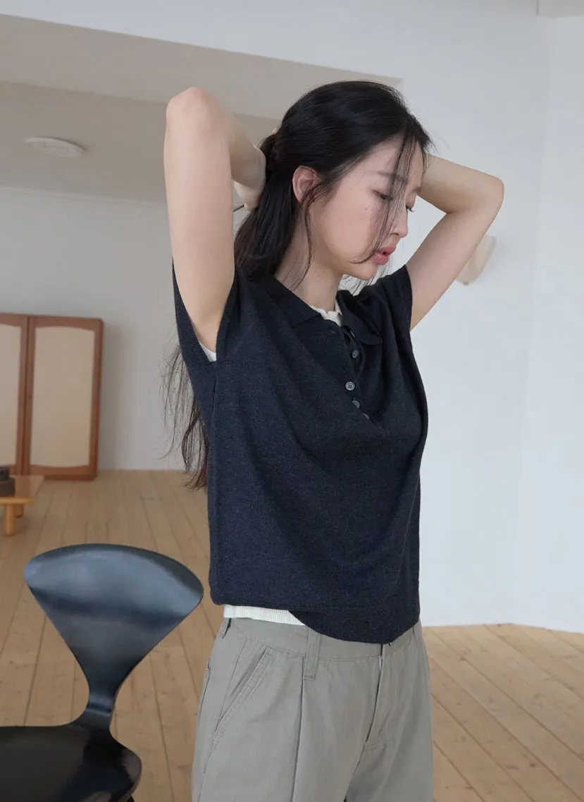 ベロアウール混コットンアクリルボタンカラークロップド無地ニット春夏秋 | 詳細画像1