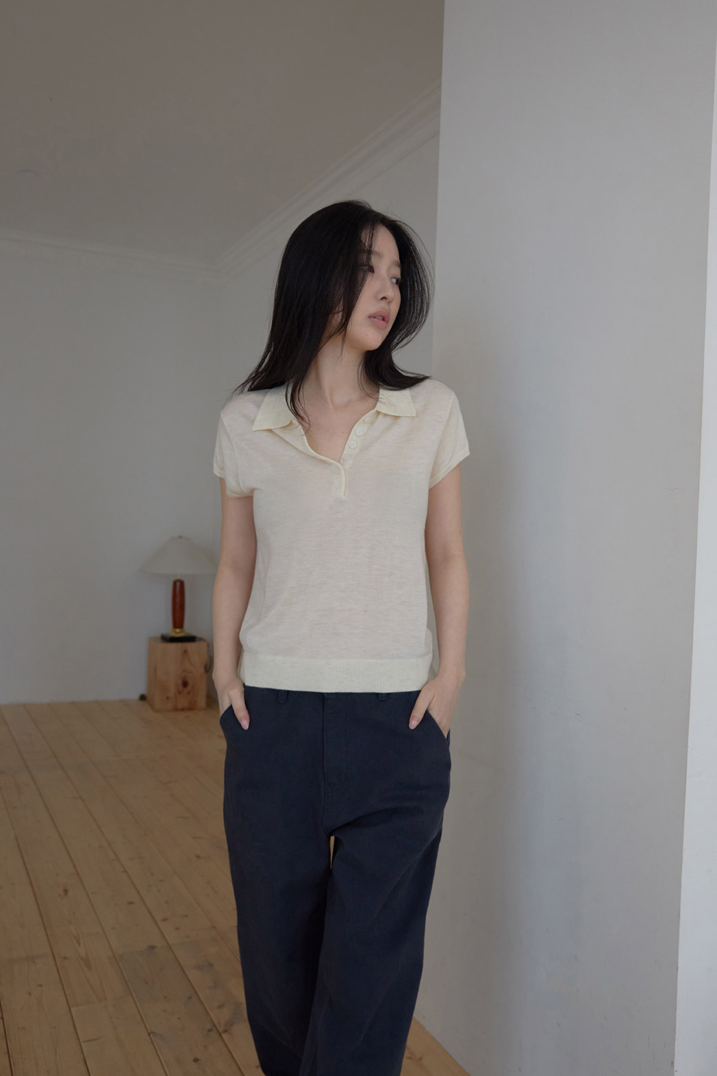 ベロアウール混コットンアクリルボタンカラークロップド無地ニット春夏秋 | 詳細画像3