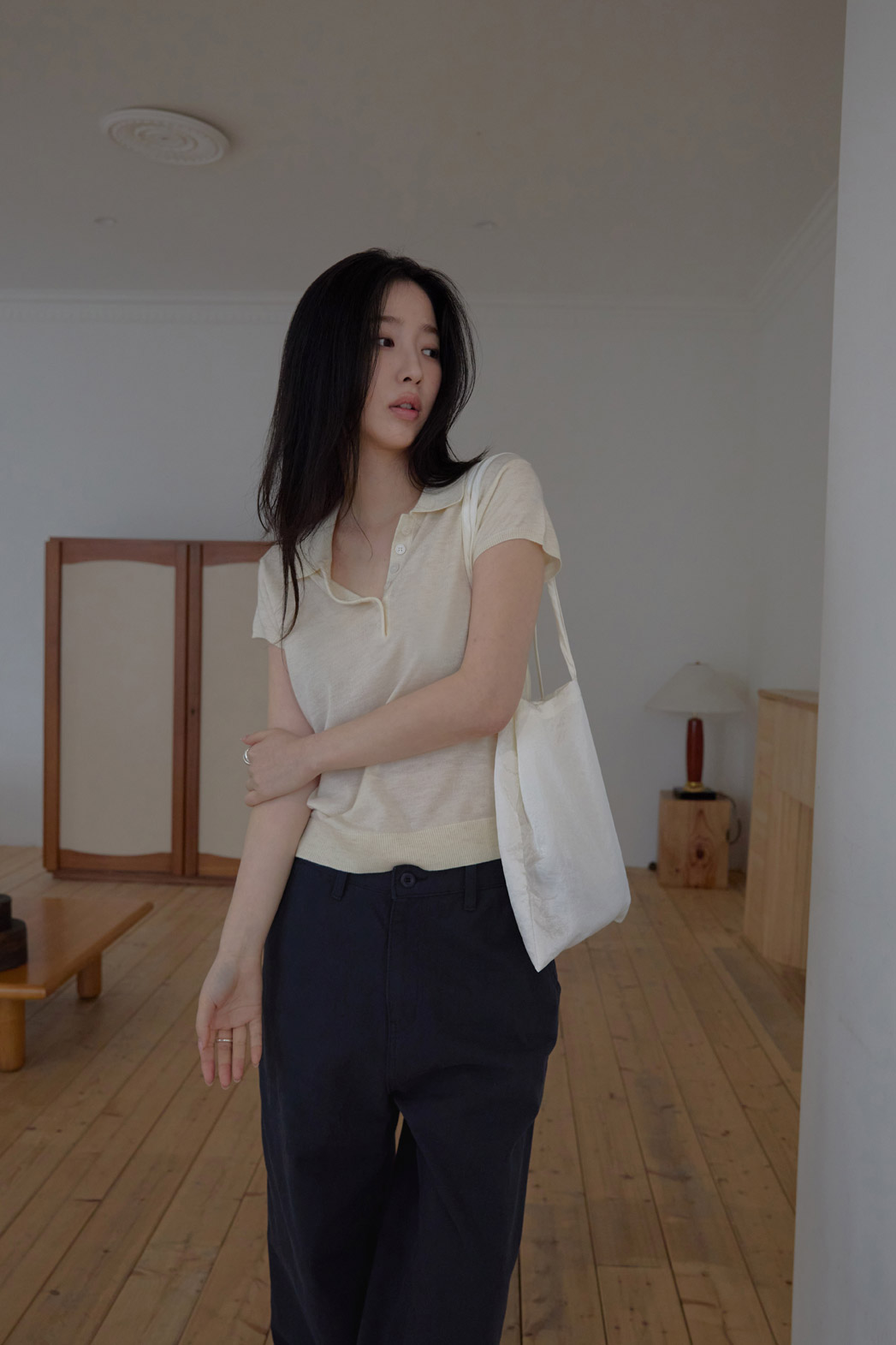 ベロアウール混コットンアクリルボタンカラークロップド無地ニット春夏秋 | 詳細画像4