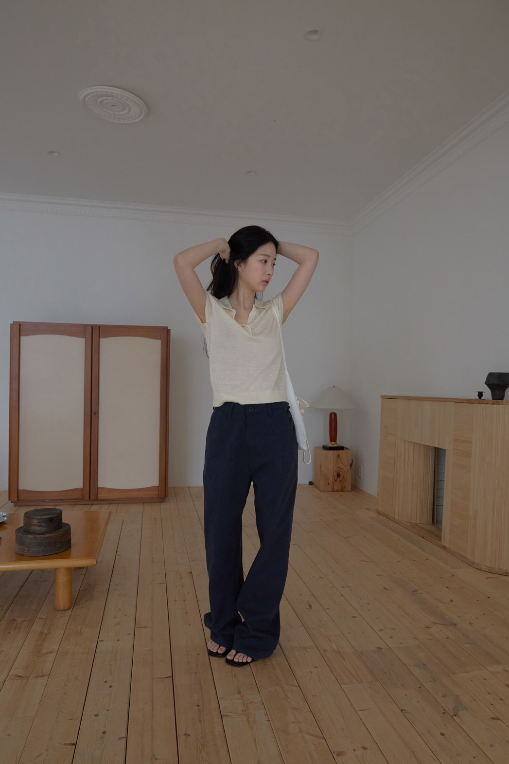 ベロアウール混コットンアクリルボタンカラークロップド無地ニット春夏秋 | 詳細画像7