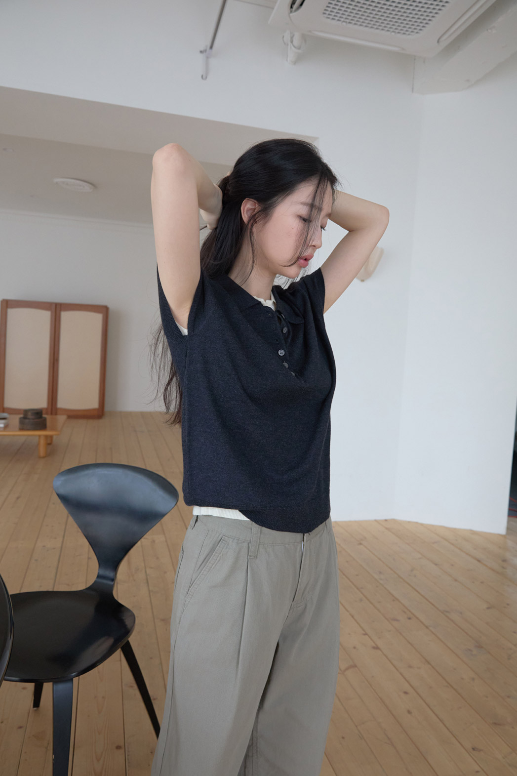 ベロアウール混コットンアクリルボタンカラークロップド無地ニット春夏秋 | 詳細画像12