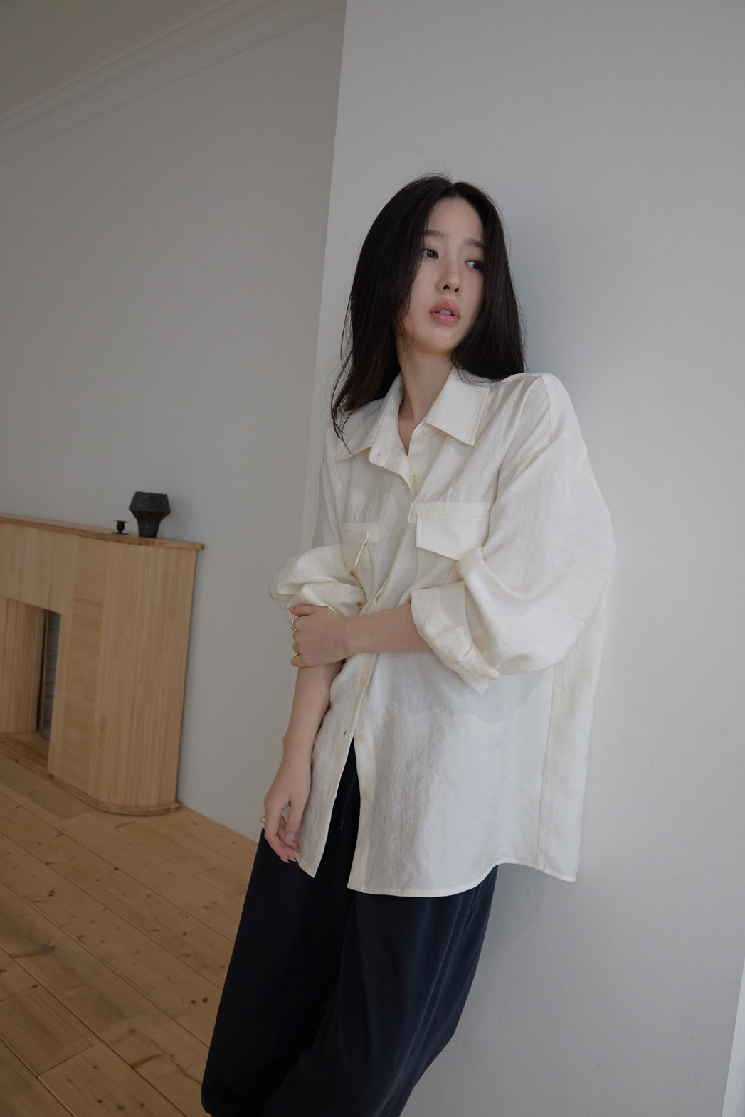 ベルベットベロアナイロンボタンカラーポケットルーズ無地ブラウス春秋 | 詳細画像3