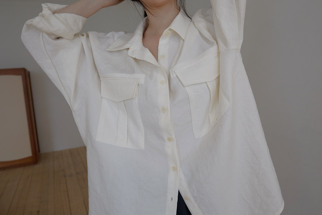 ベルベットベロアナイロンボタンカラーポケットルーズ無地ブラウス春秋 | 詳細画像7
