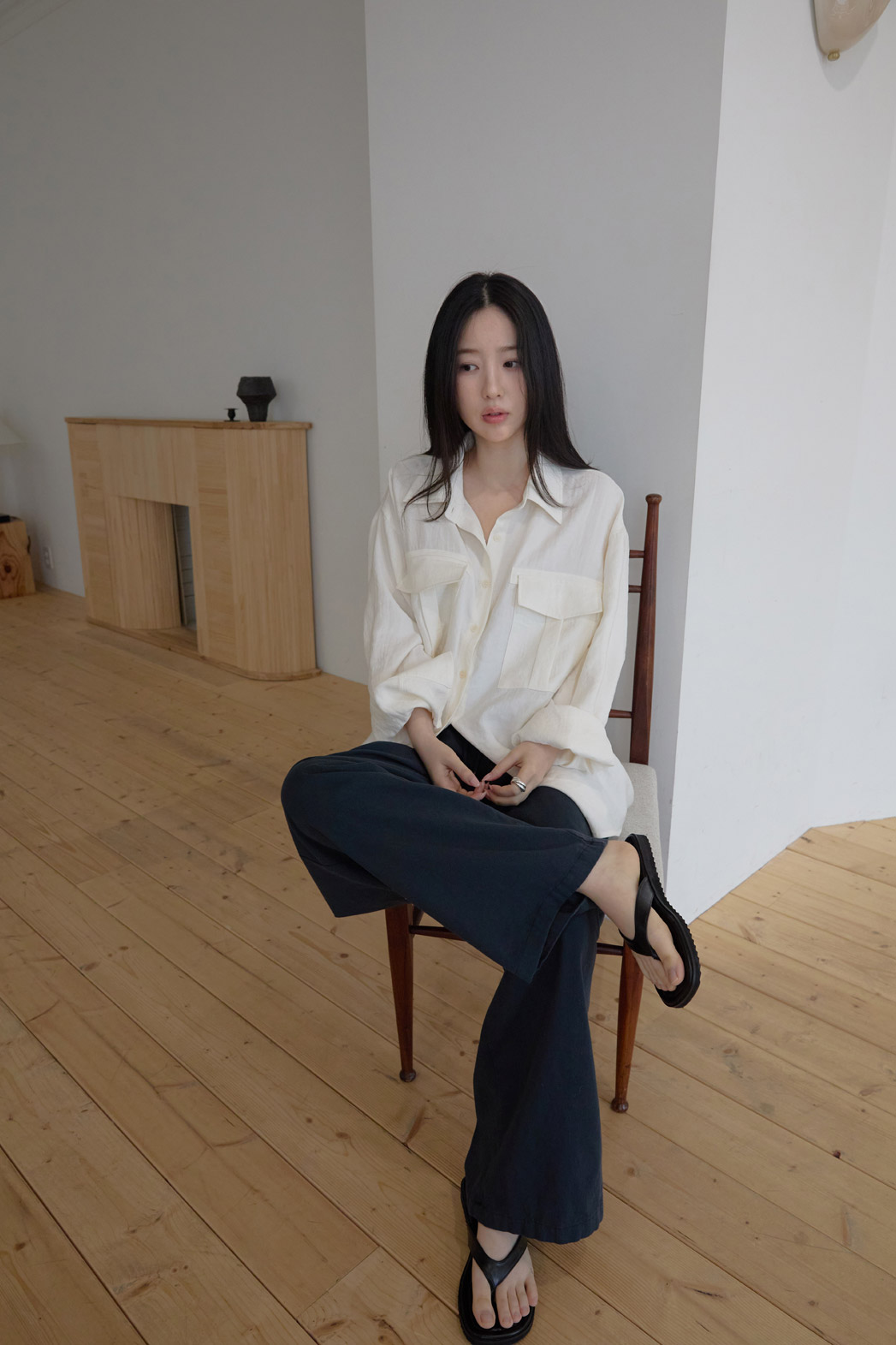 ベルベットベロアナイロンボタンカラーポケットルーズ無地ブラウス春秋 | 詳細画像8