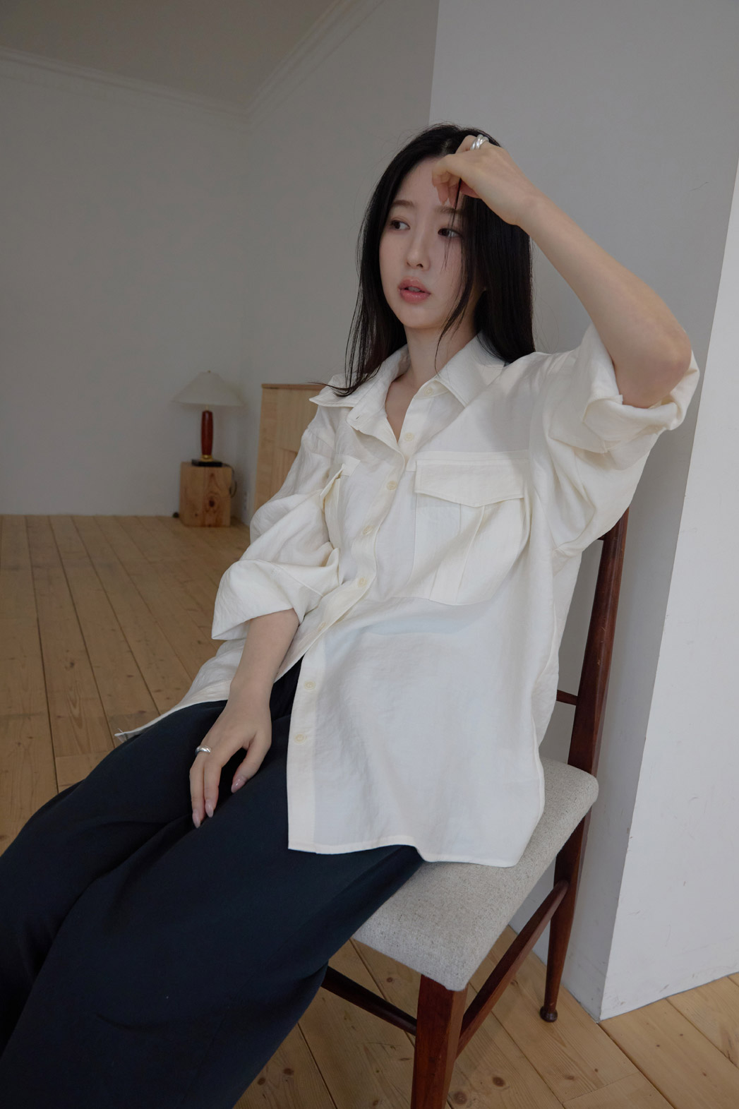 ベルベットベロアナイロンボタンカラーポケットルーズ無地ブラウス春秋 | 詳細画像9