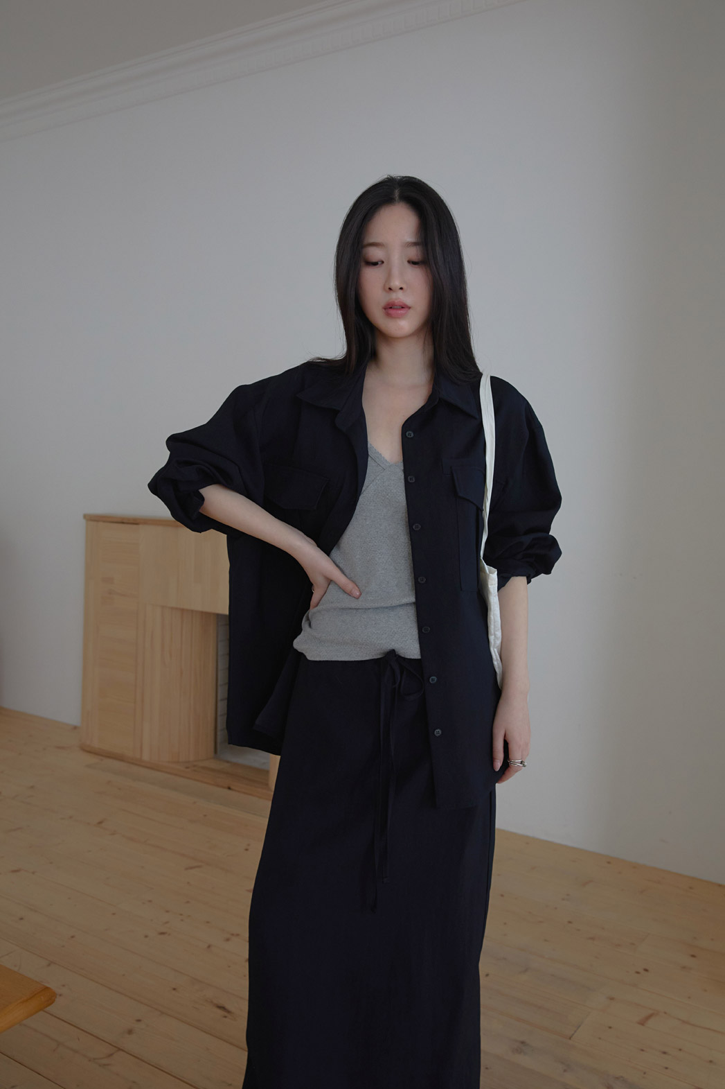 ベルベットベロアナイロンボタンカラーポケットルーズ無地ブラウス春秋 | 詳細画像20