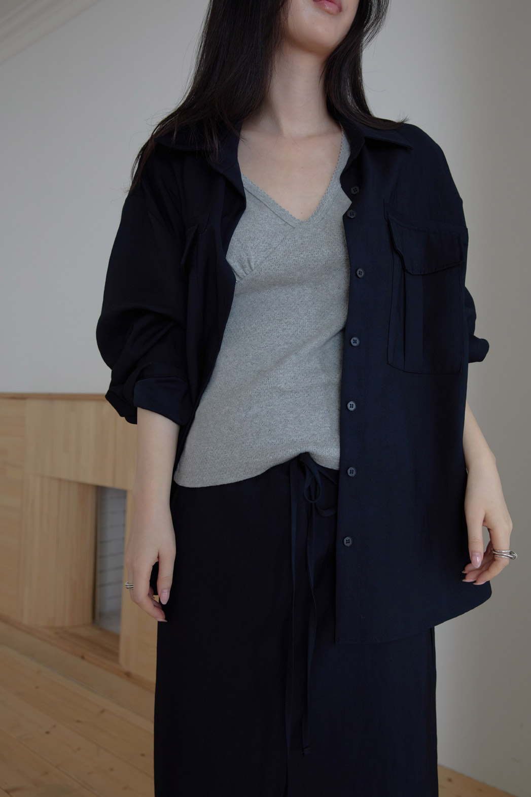 ベルベットベロアナイロンボタンカラーポケットルーズ無地ブラウス春秋 | 詳細画像25