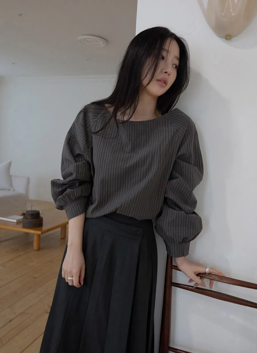コットンボートネックオフショルダーベーシックストライプブラウス春秋 | 詳細画像1