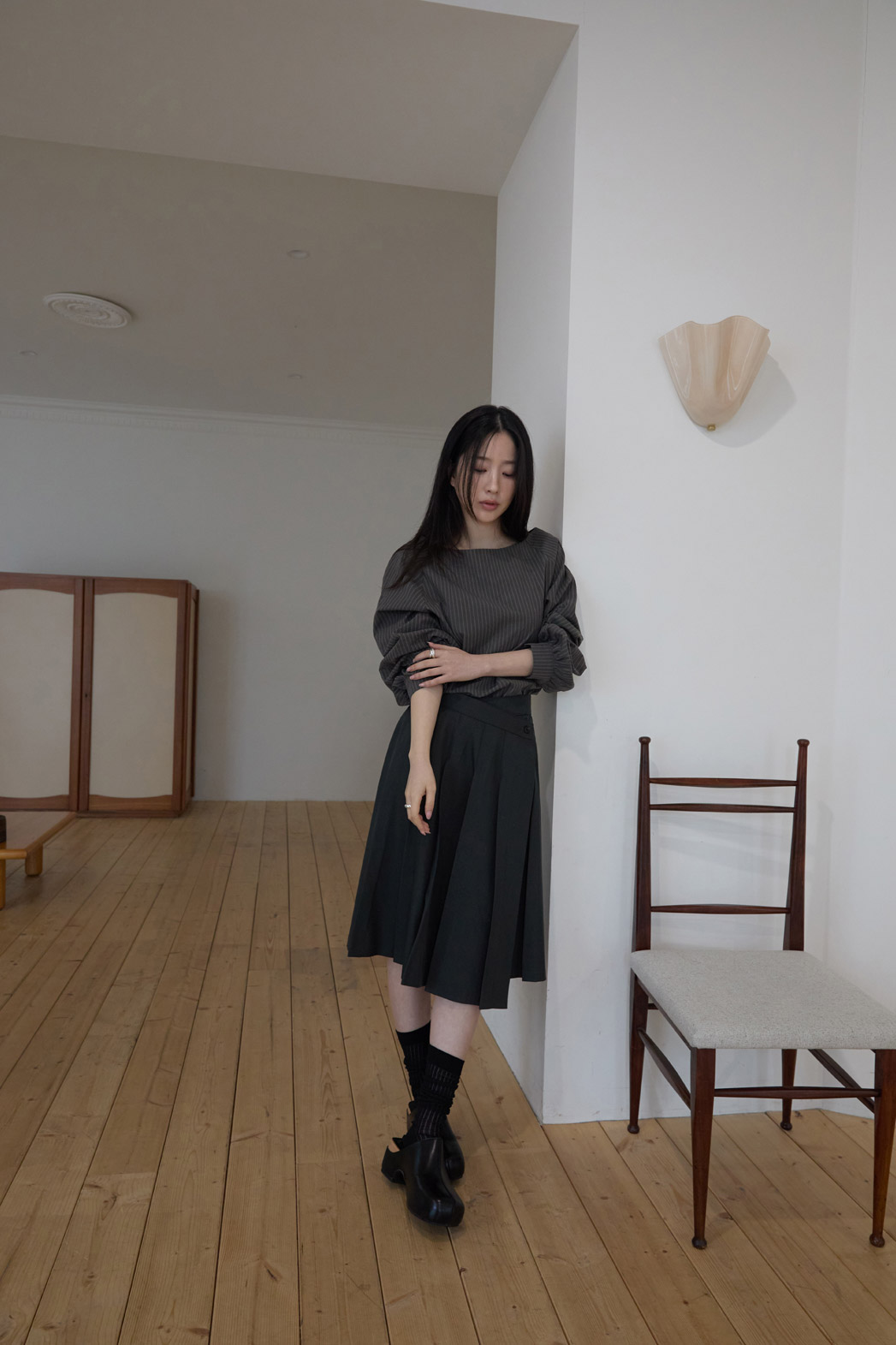 コットンボートネックオフショルダーベーシックストライプブラウス春秋 | 詳細画像3