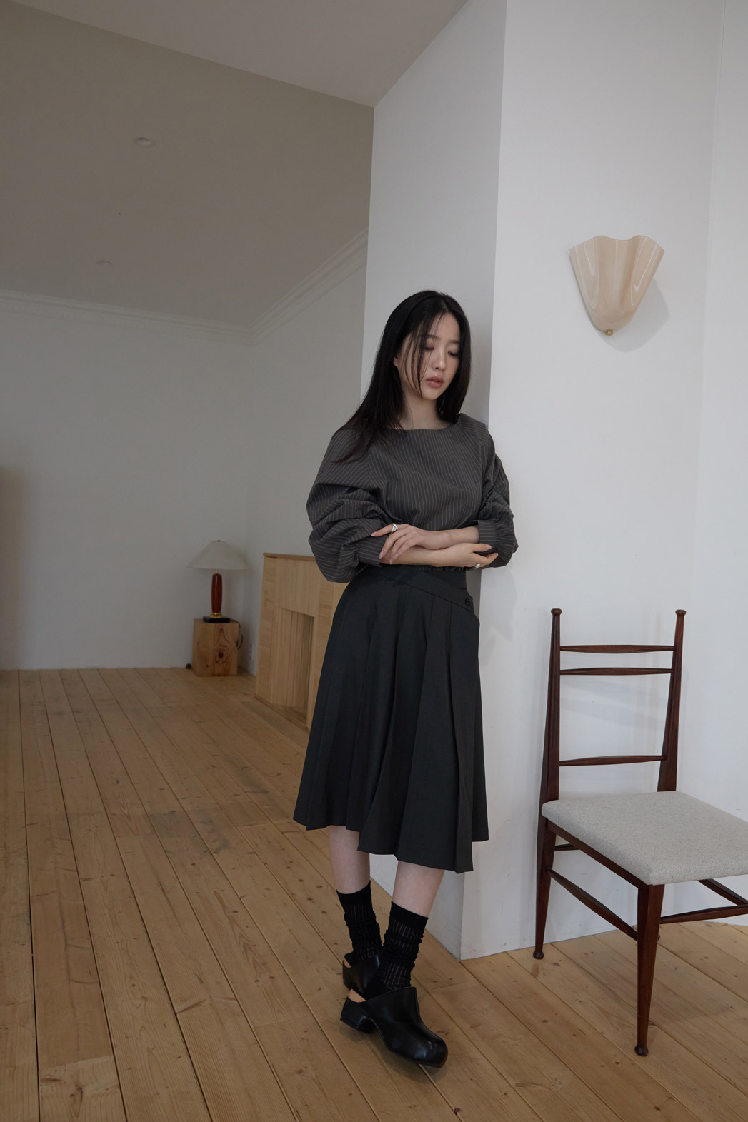 コットンボートネックオフショルダーベーシックストライプブラウス春秋 | 詳細画像4