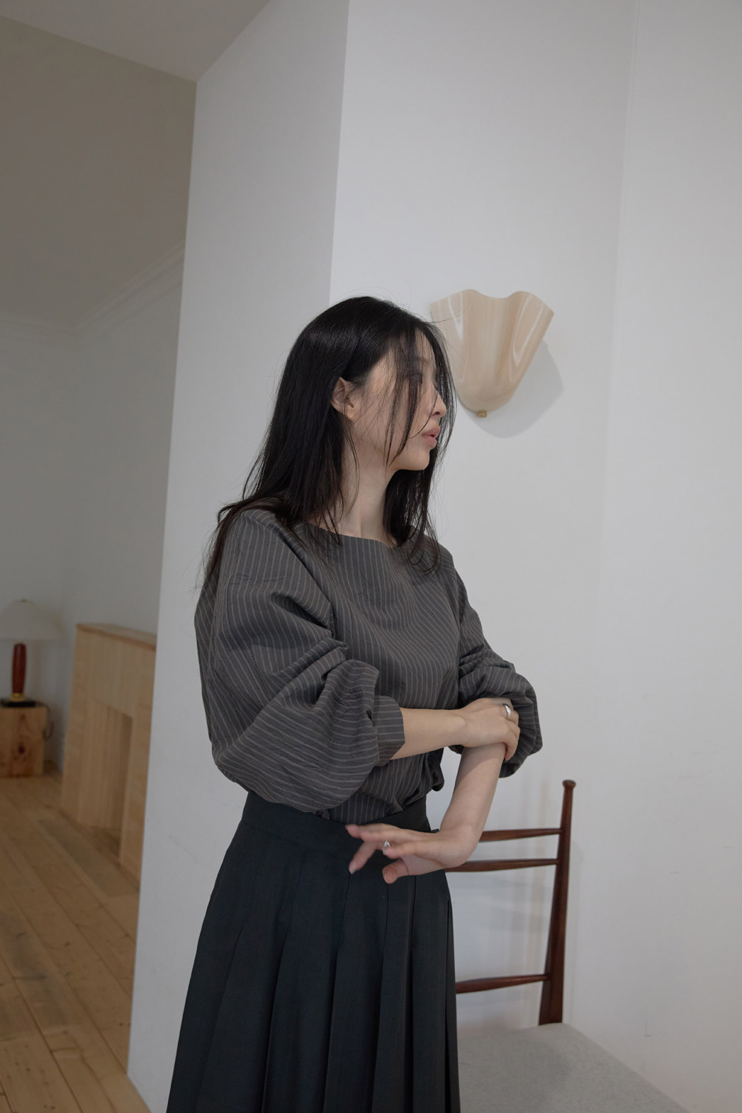 コットンボートネックオフショルダーベーシックストライプブラウス春秋 | 詳細画像5