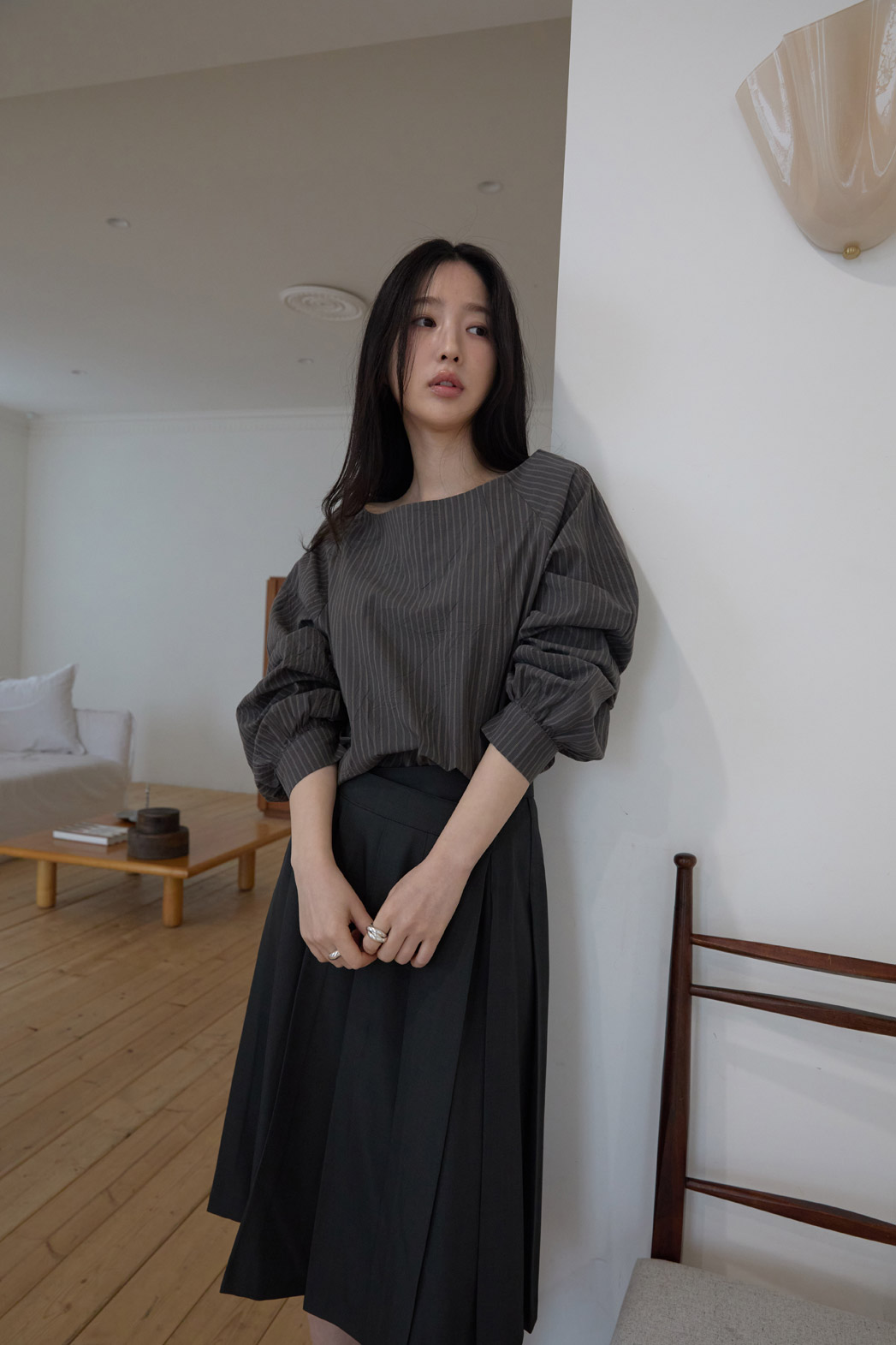 コットンボートネックオフショルダーベーシックストライプブラウス春秋 | 詳細画像6