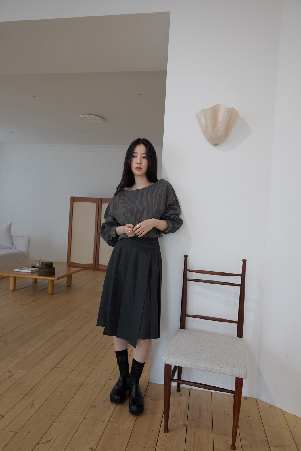 コットンボートネックオフショルダーベーシックストライプブラウス春秋 | 詳細画像9